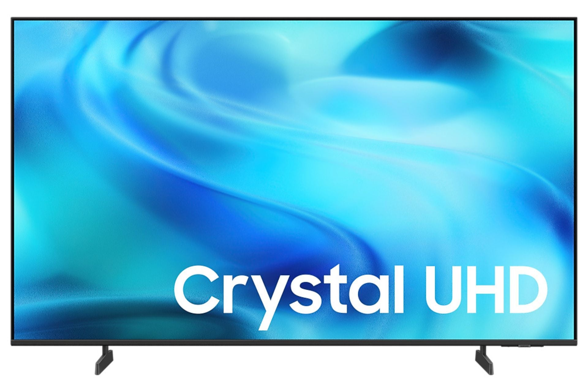 Un téléviseur moderne affichant un motif de vagues bleues et le texte Crystal UHD.