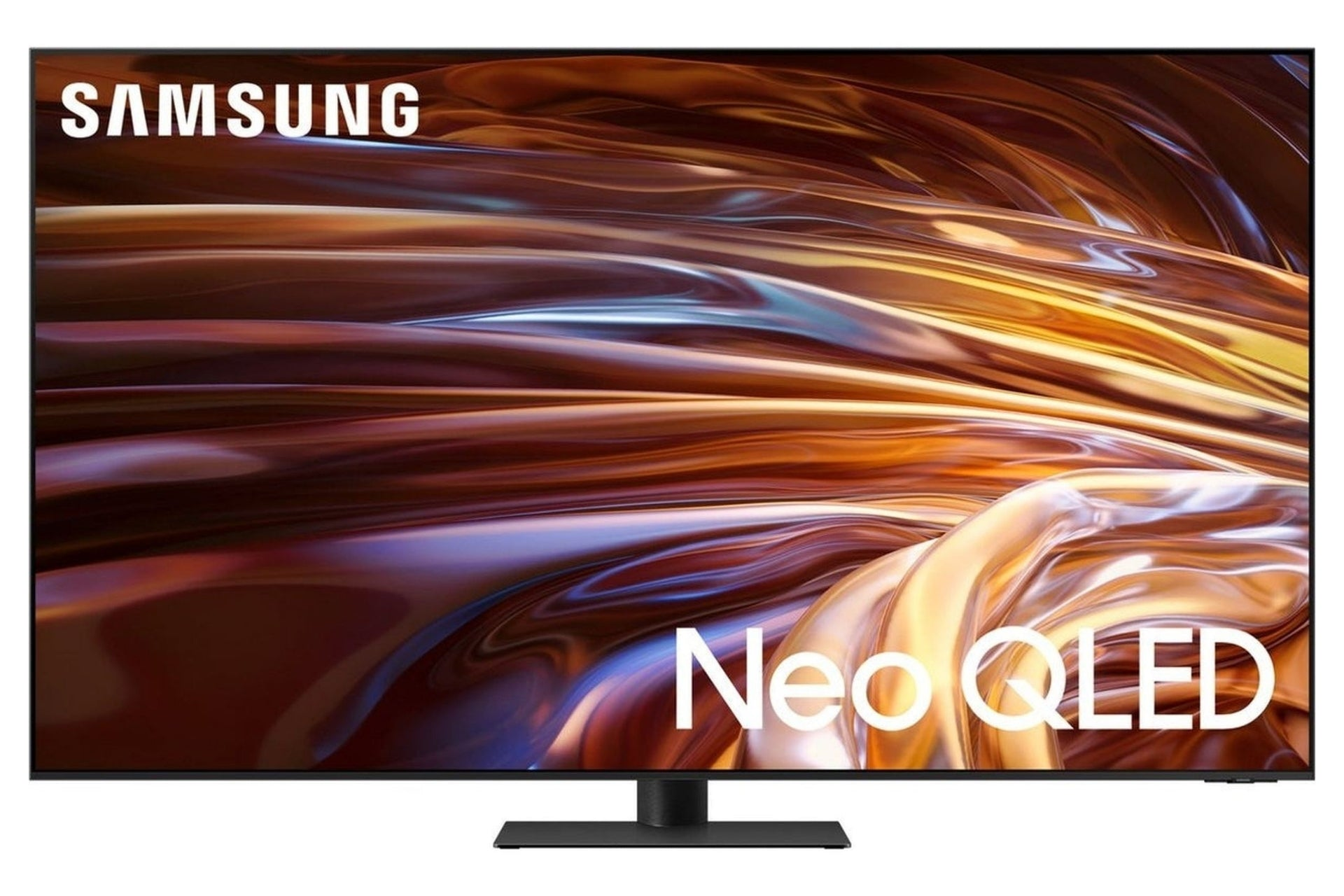 Samsung Neo QLED tv met een abstracte vloeiende oranje en bruine afbeelding op het scherm en een zwarte voet.