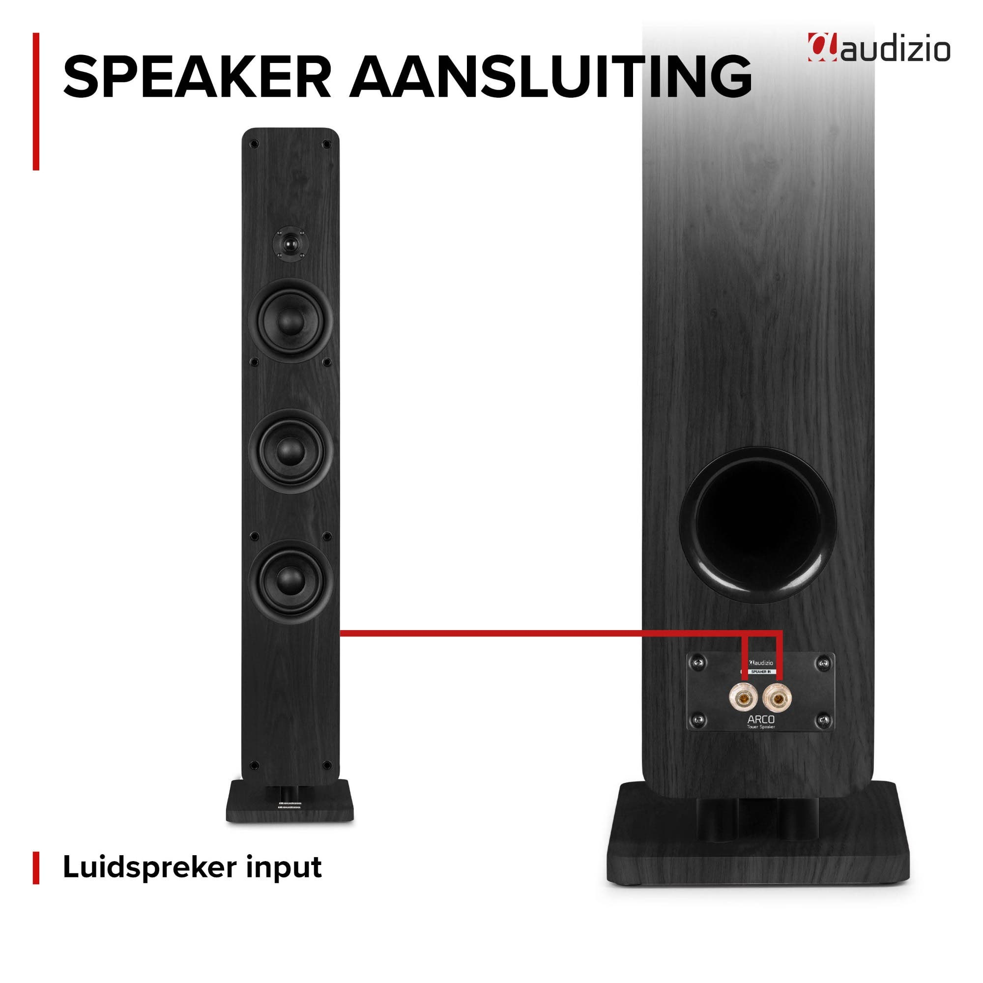 Audizio Turmlautsprecher mit Frontansicht und Rückansicht mit Anschlüssen.
