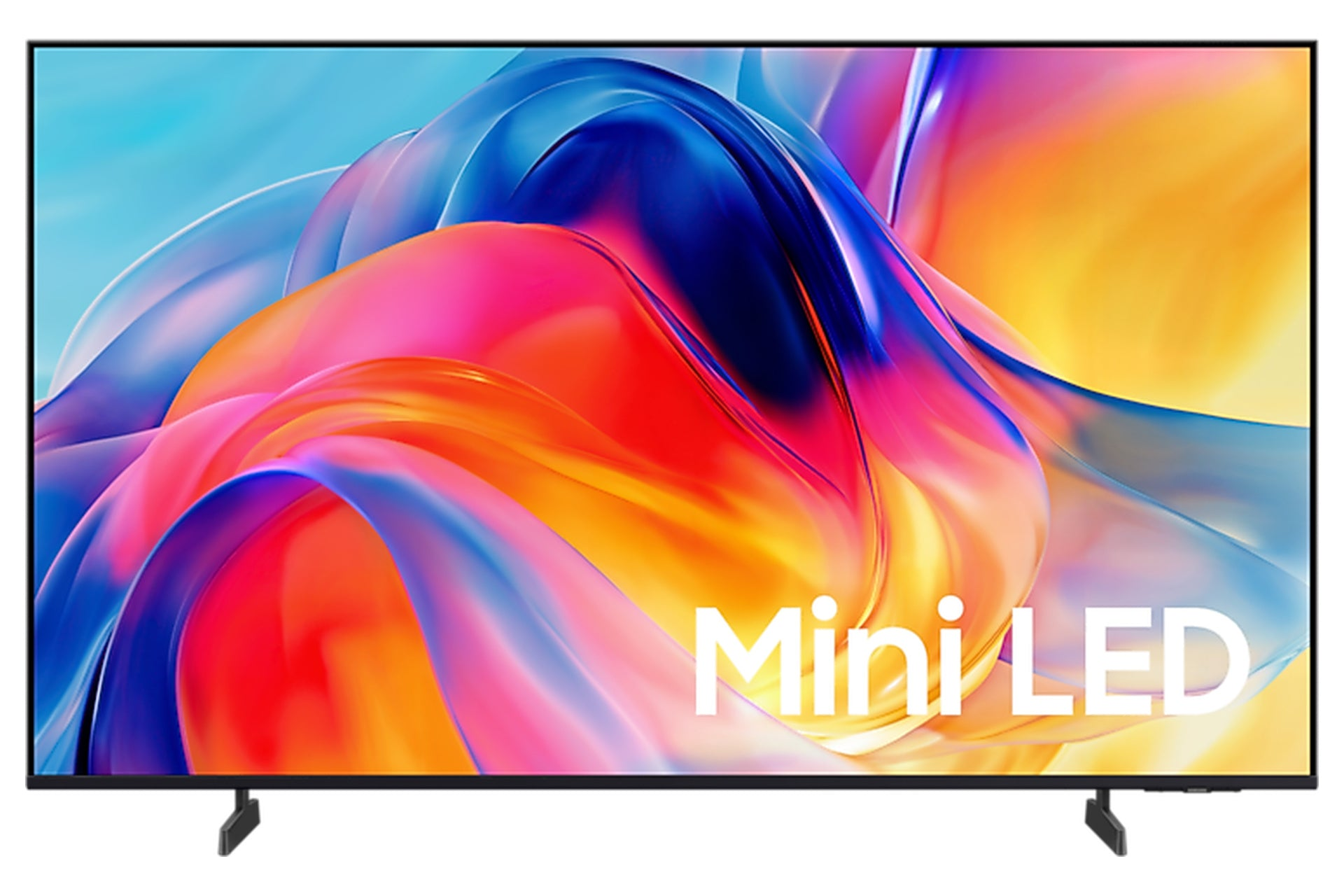Telewizor wyświetla kolorową abstrakcyjną grafikę z napisem Mini LED w prawym dolnym rogu.