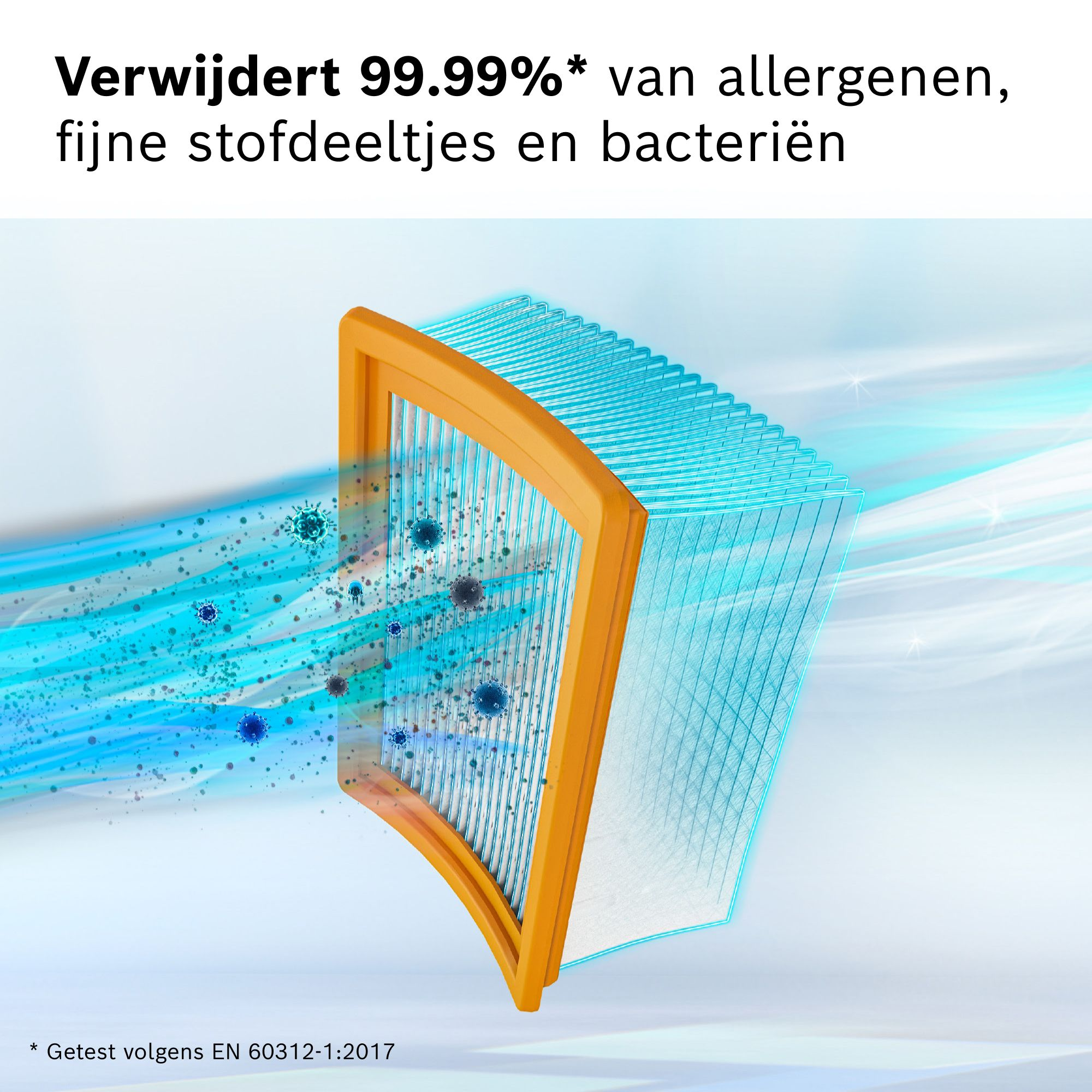 A yellow air filter cleans blue air full of dust and bacteria.