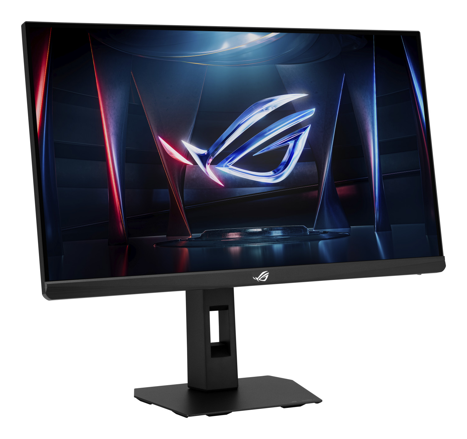 Un monitor da gioco Asus ROG nero mostra un logo blu sullo schermo su uno sfondo scuro.