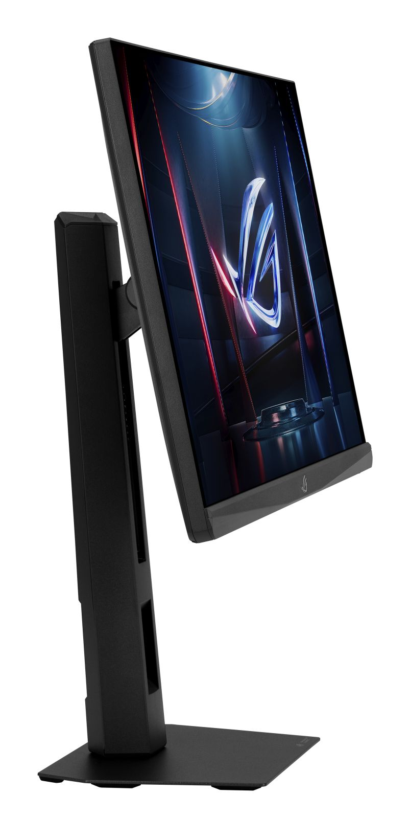Un monitor per computer nero su supporto mostra un logo ROG blu luminoso su sfondo scuro.
