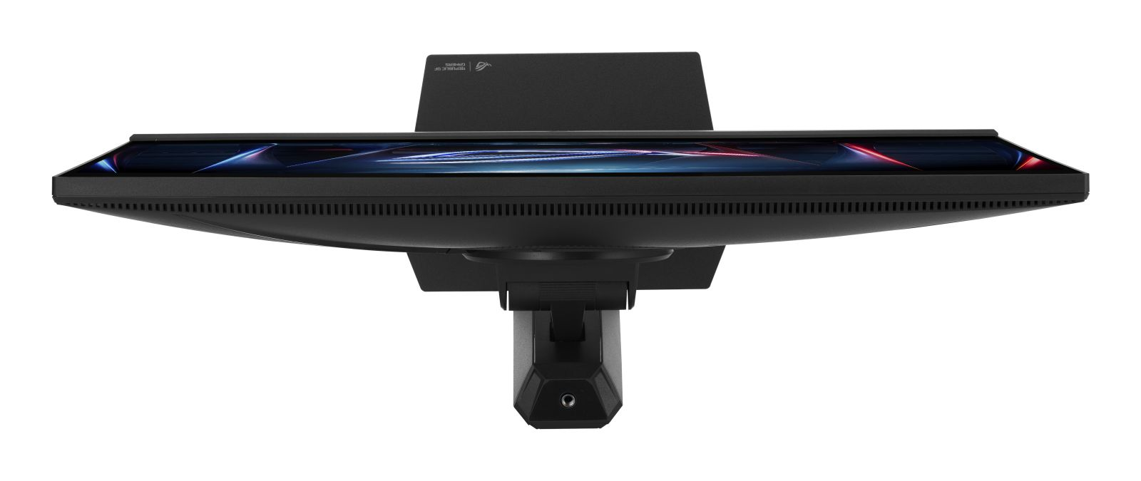 Vista dall'alto di un monitor di computer nero su supporto, su sfondo bianco.