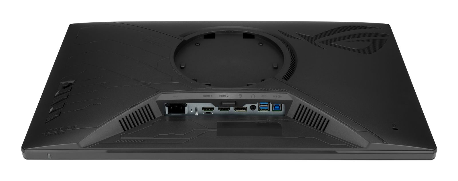 Vista posteriore di un monitor nero con porte di alimentazione, HDMI, DisplayPort, audio e USB e supporto.