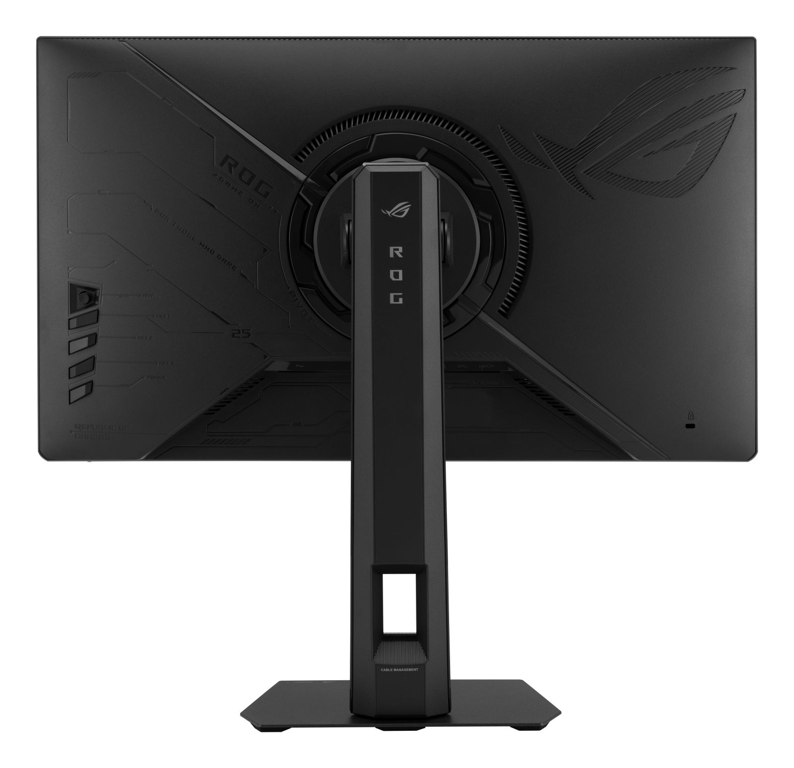 Vista posteriore di un monitor da gioco ROG nero con supporto su sfondo bianco.