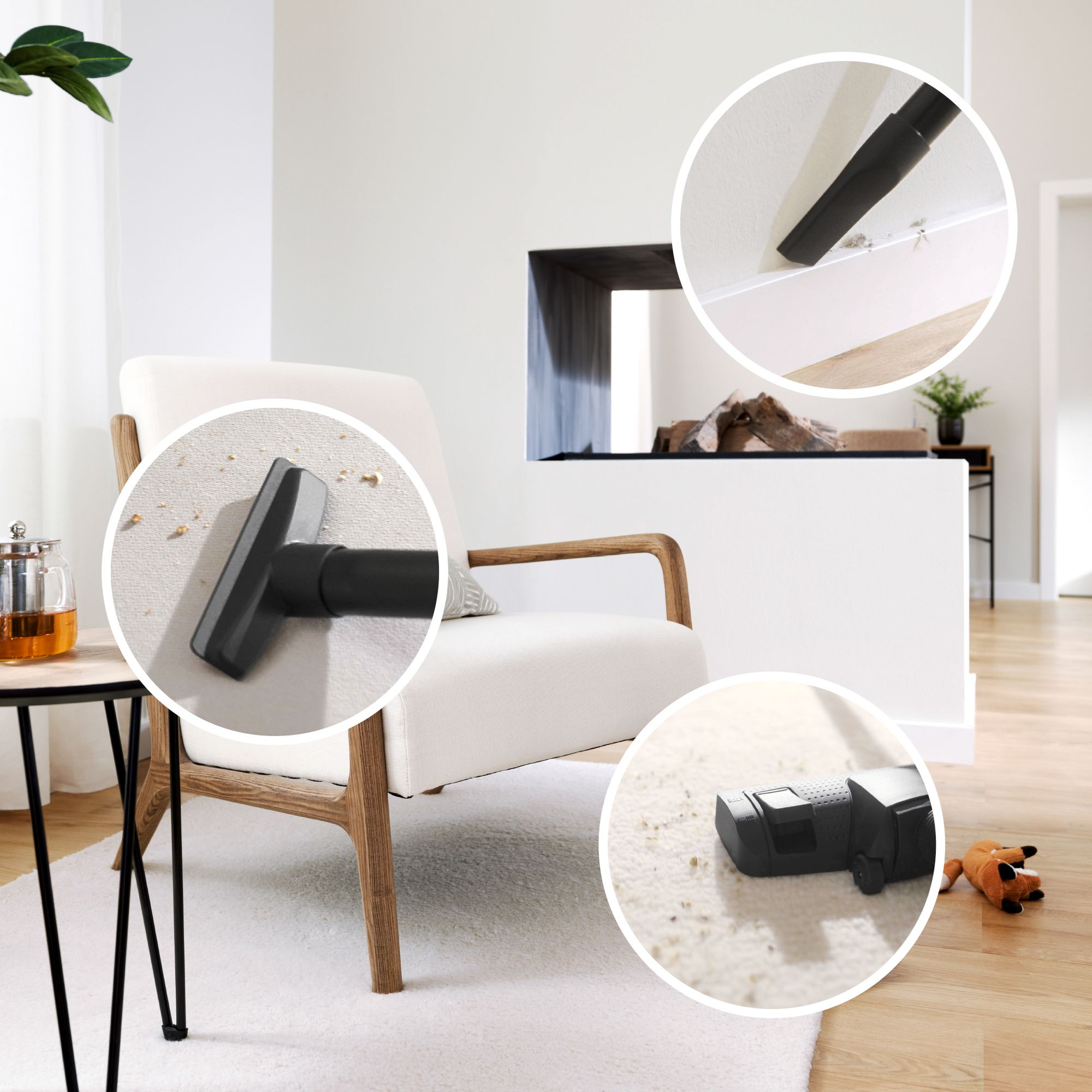 Vacuum attachments clean an armchair, wall edge, and carpet in a bright living room.