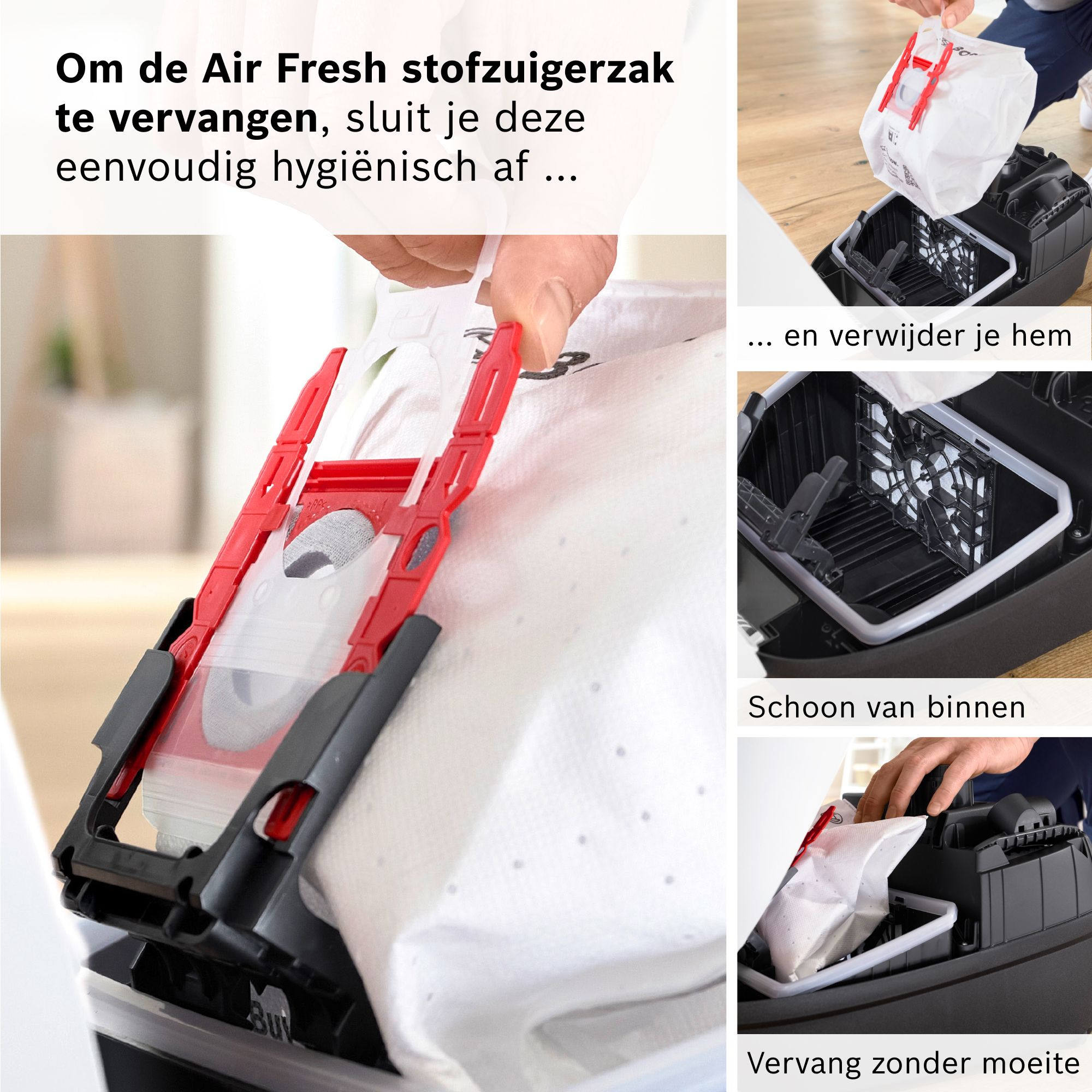 Steps showing how to replace a vacuum cleaner dust bag, including closing, removing, and inserting a new one.