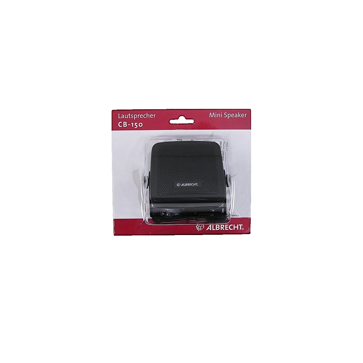 Albrecht Mini-Lautsprecher CB-150 in roter und weißer Originalverpackung auf weißem Hintergrund.