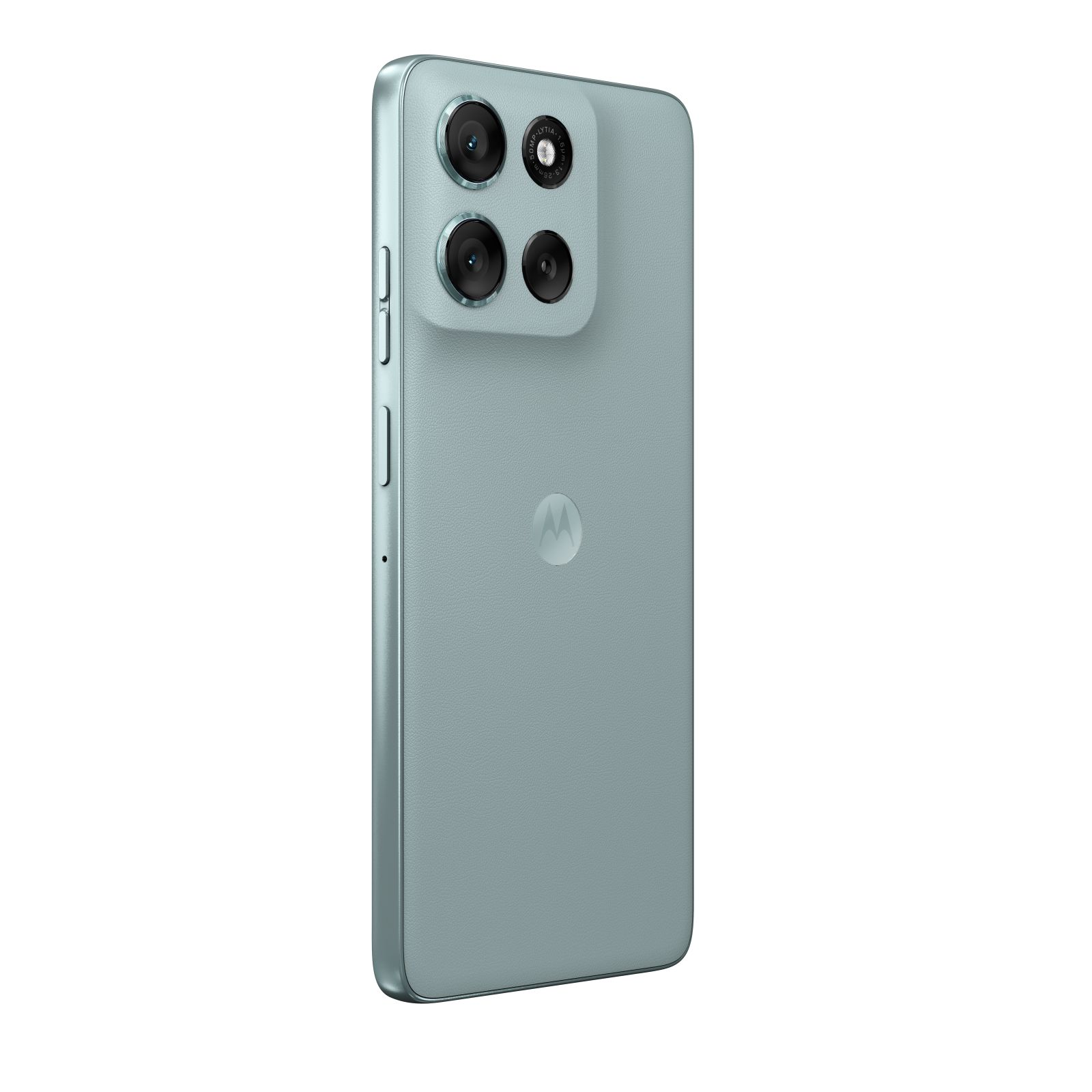 Back of a mint green Motorola smartphone with a triple camera bump and central logo on a white background.