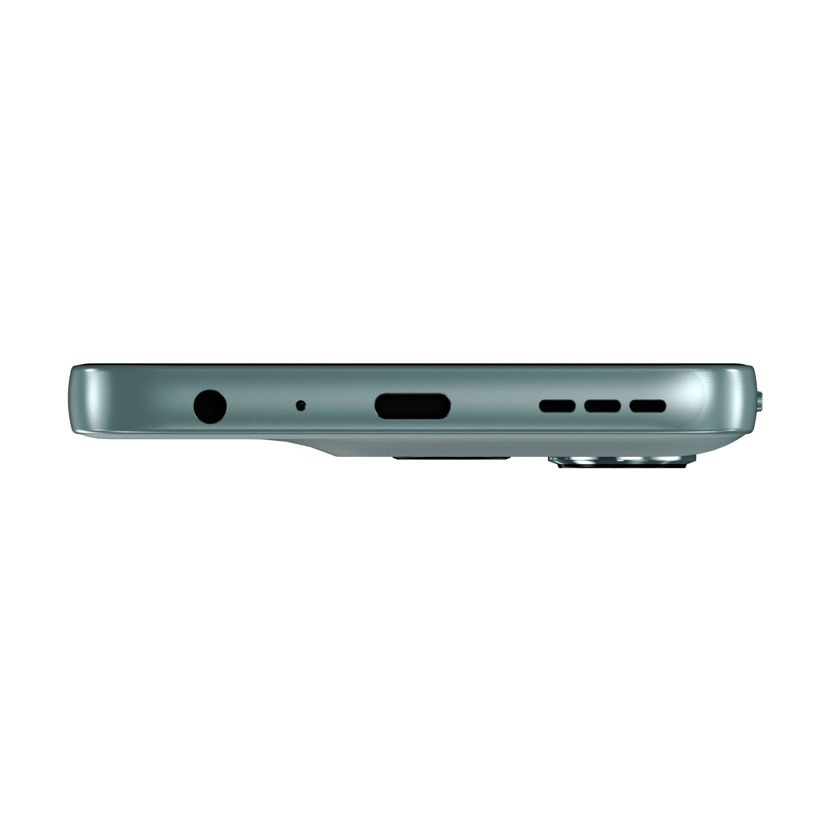 Bottom view of a blue smartphone showing a headphone jack, microphone, USB-C port, and speaker grilles.