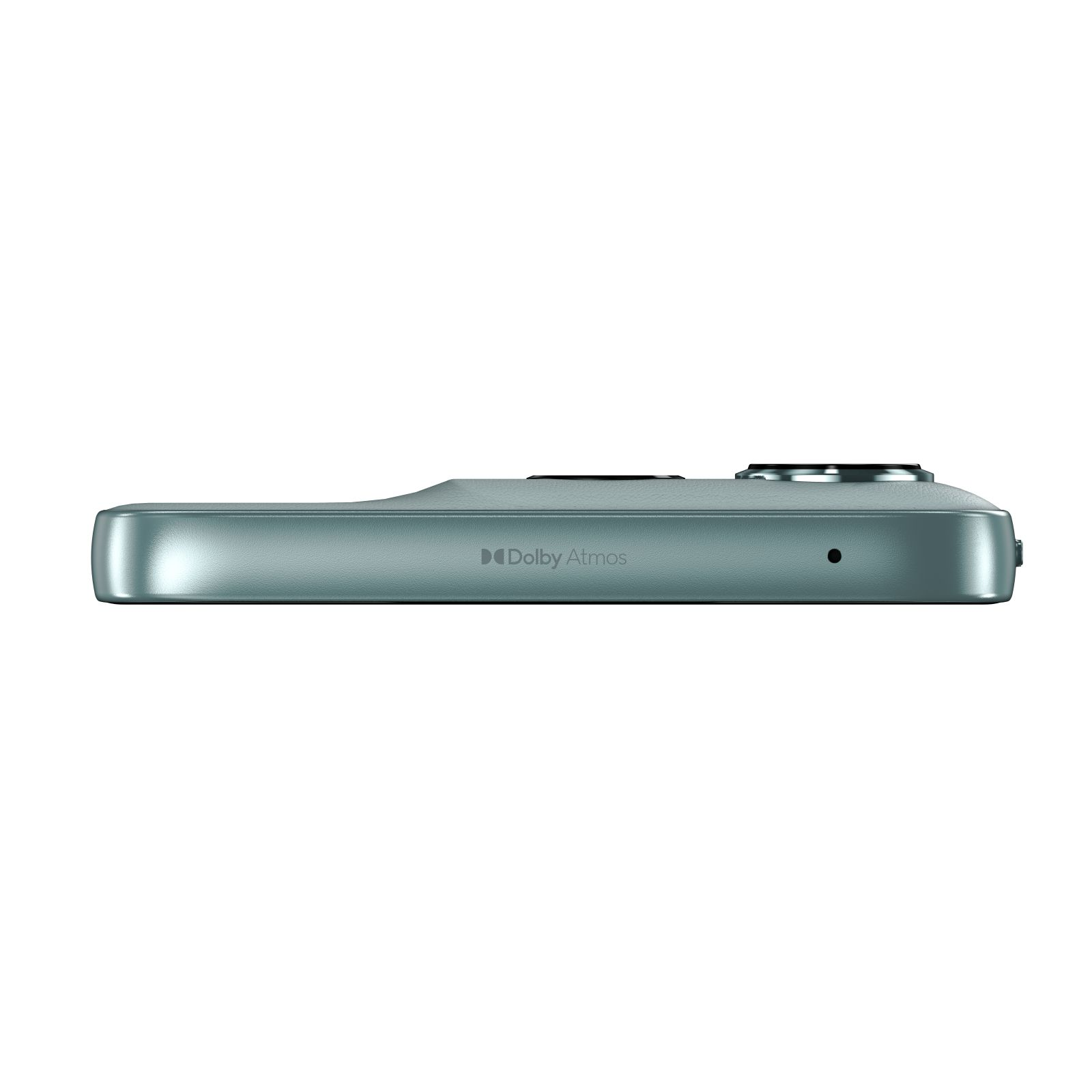 Side view of a light blue smartphone with Dolby Atmos text.