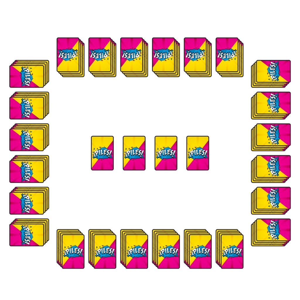 Un juego de cartas con cartas de Piles! rosas y amarillas dispuestas en filas y cuatro cartas en el centro.
