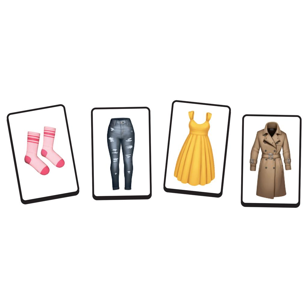 Cuatro tarjetas muestran ropa: calcetines rosas, jeans, un vestido amarillo y un abrigo marrón.