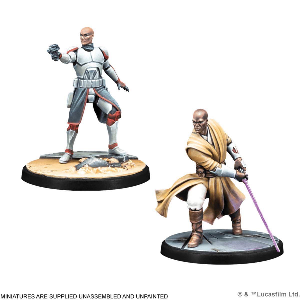 Zwei bemalte Star Wars Tabletop-Figuren: Ein Soldat mit Blaster und Mace Windu mit Laserschwert.