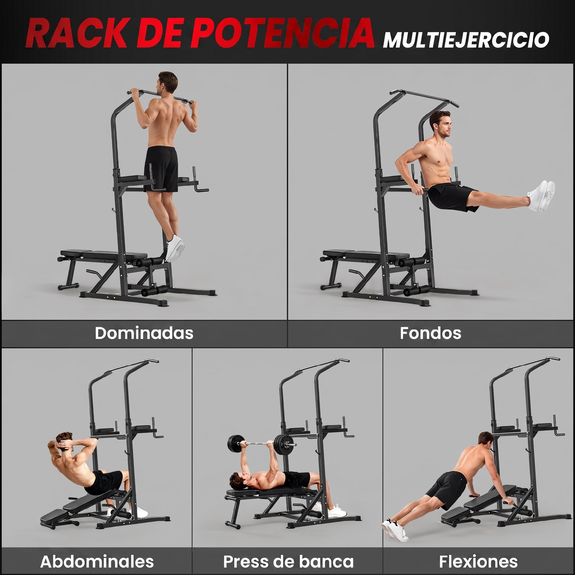 Un hombre demuestra dominadas, fondos, abdominales, press de banca y flexiones en un rack.
