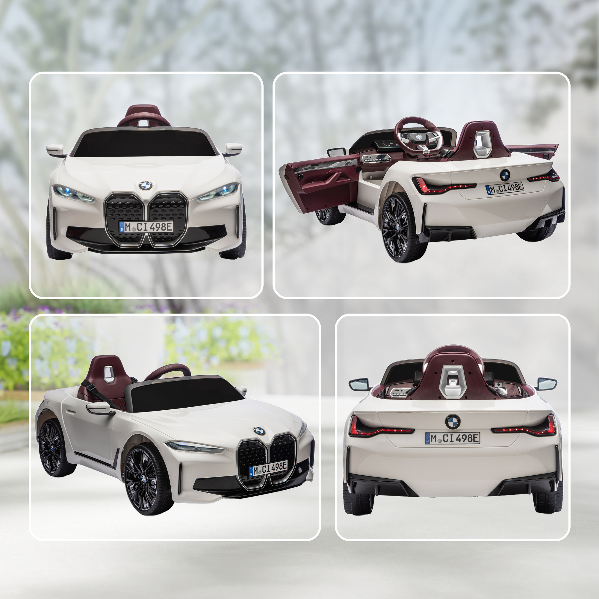 Cuatro vistas de un coche eléctrico infantil BMW blanco con asientos rojos y puertas abiertas.