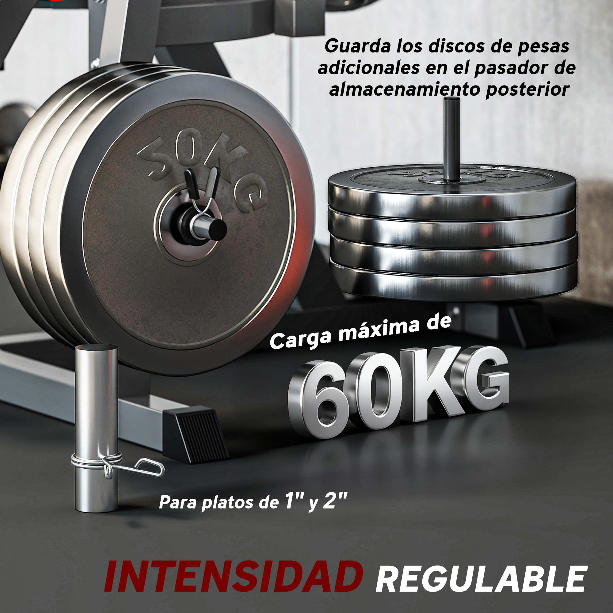 Discos de pesas de gimnasio en un soporte con texto de carga máxima.