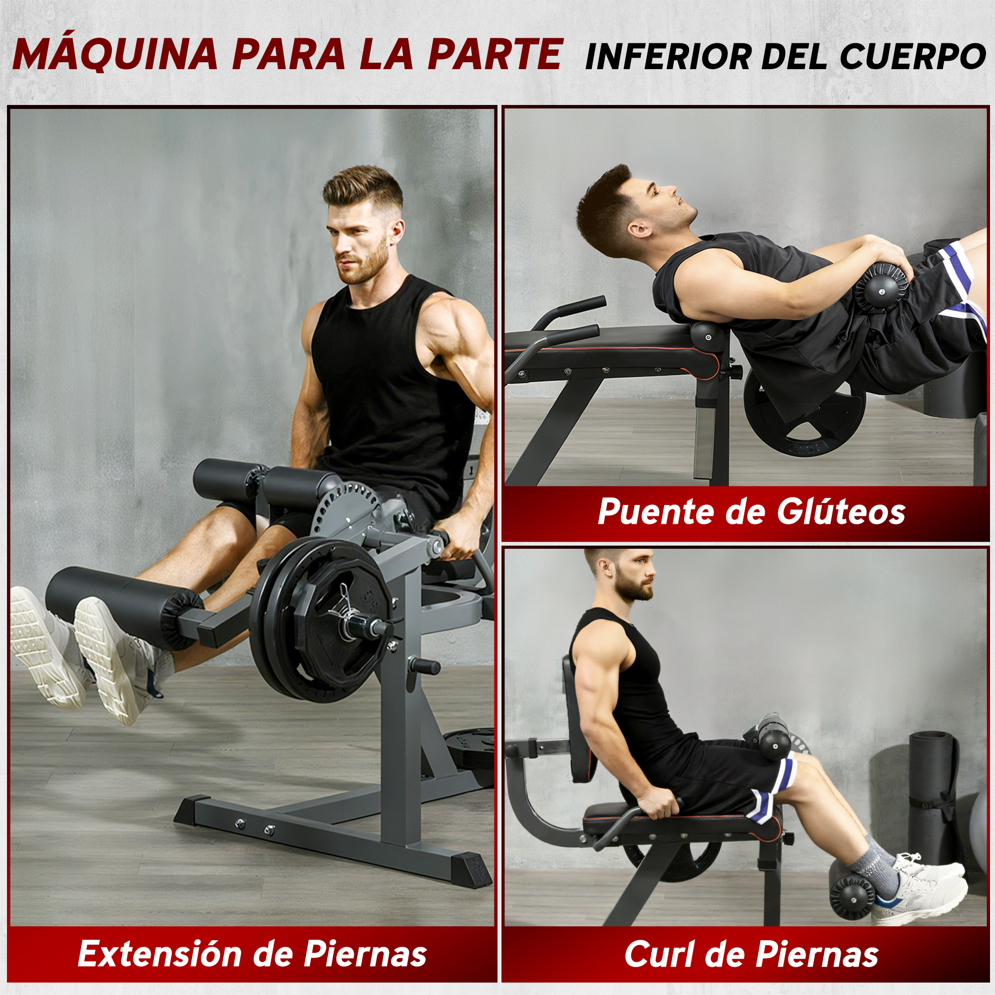 Un hombre demuestra ejercicios de tren inferior en una máquina de pesas con extensión, puente de glúteos y curl.