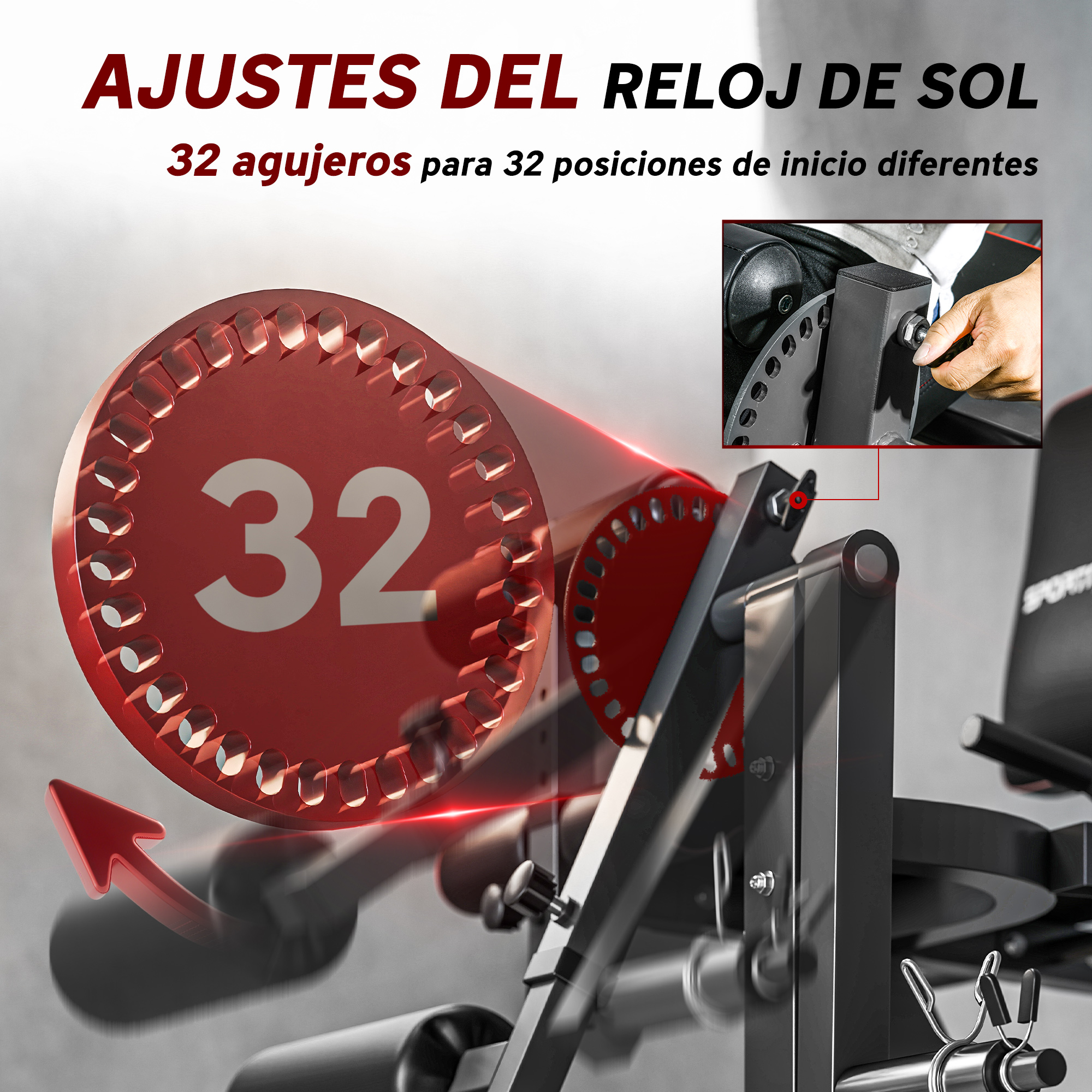 Máquina de fitness con un disco rojo de 32 agujeros para ajustes.