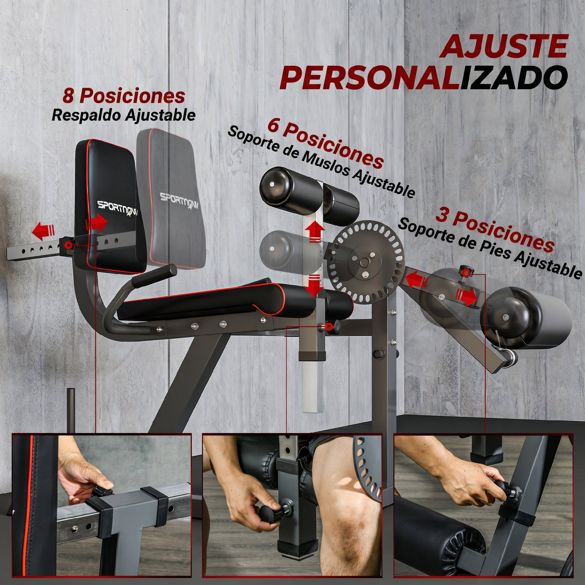 Banco de fitness ajustable con múltiples posiciones para espalda, muslos y pies.