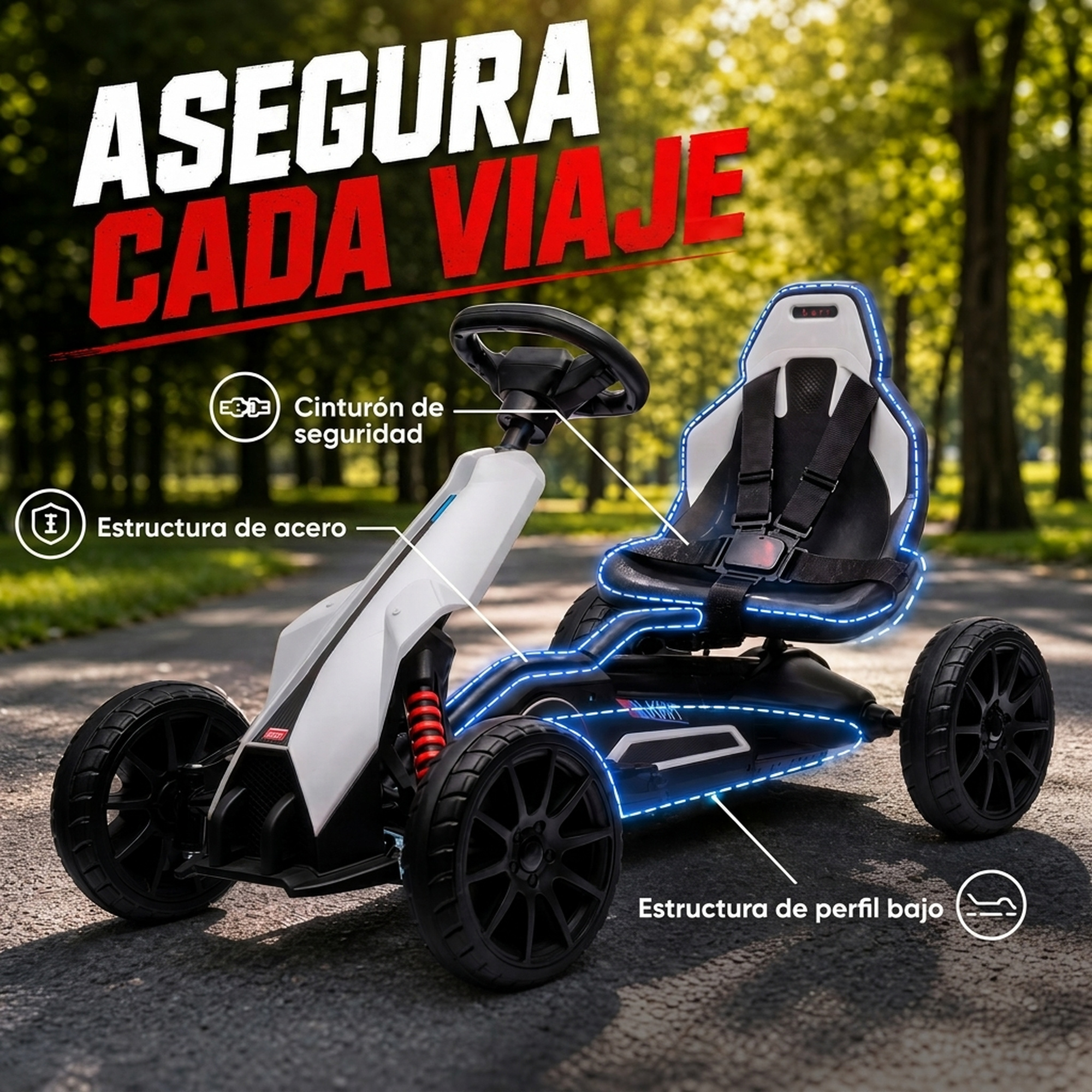 Un kart blanco y negro en un camino pavimentado de un parque muestra el cinturón y el chasis.