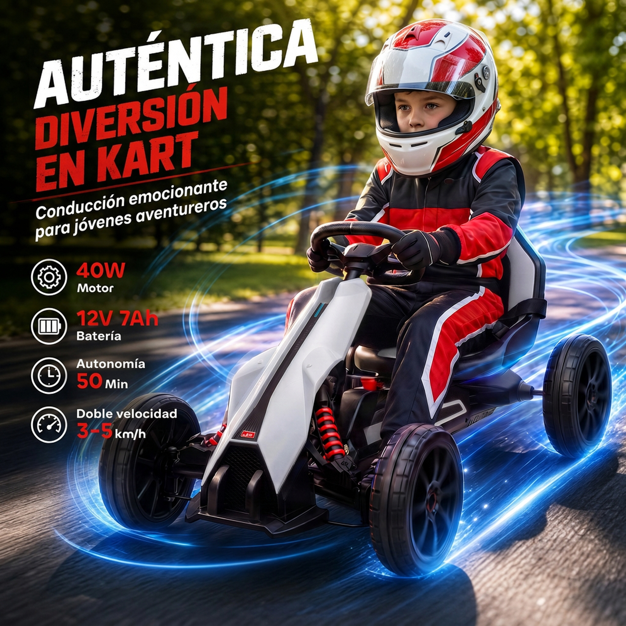 Un niño con traje de carreras y casco conduce un kart al aire libre, rodeado de líneas de movimiento azules.