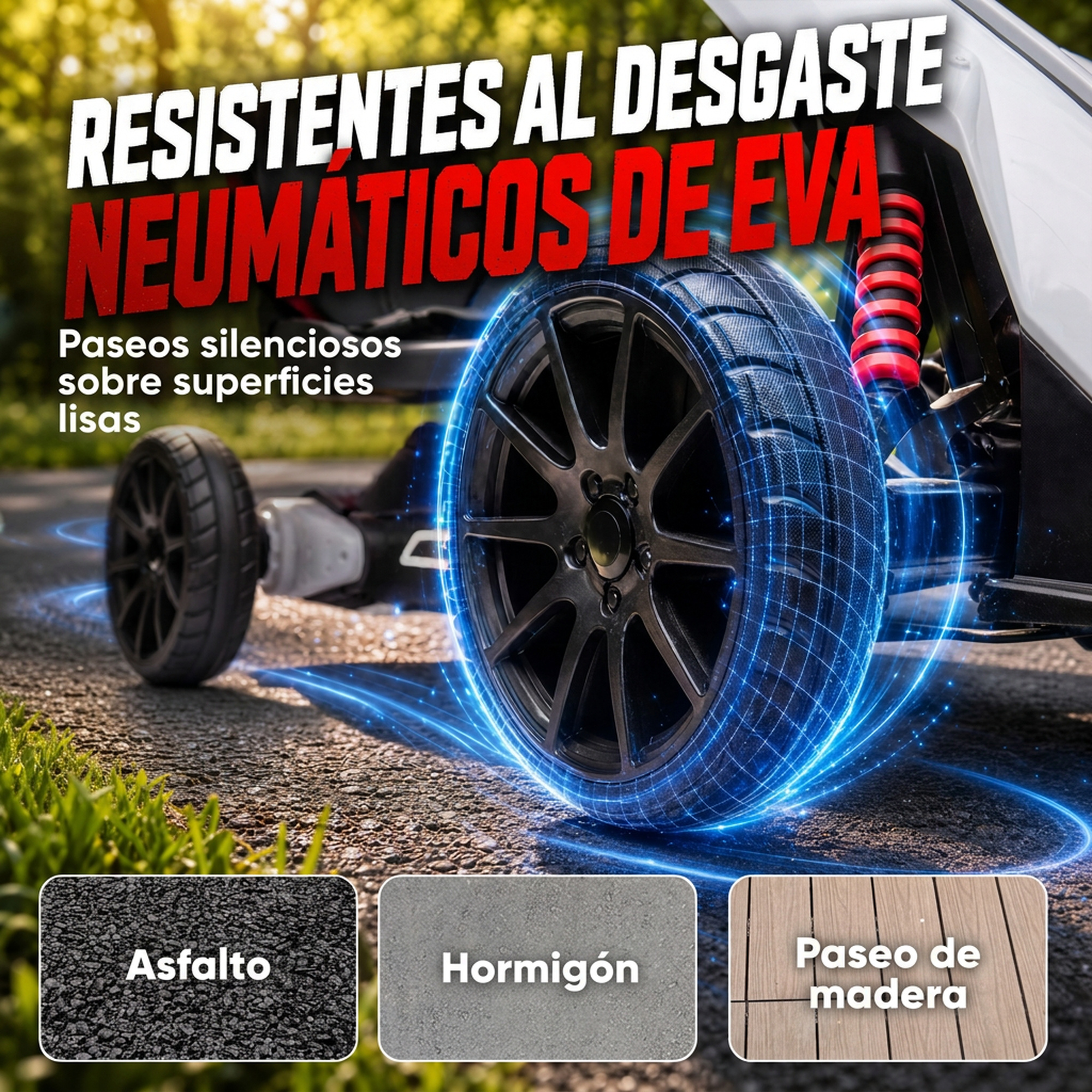 Una rueda de coche de juguete con efectos de luz azul y texto en la carretera.