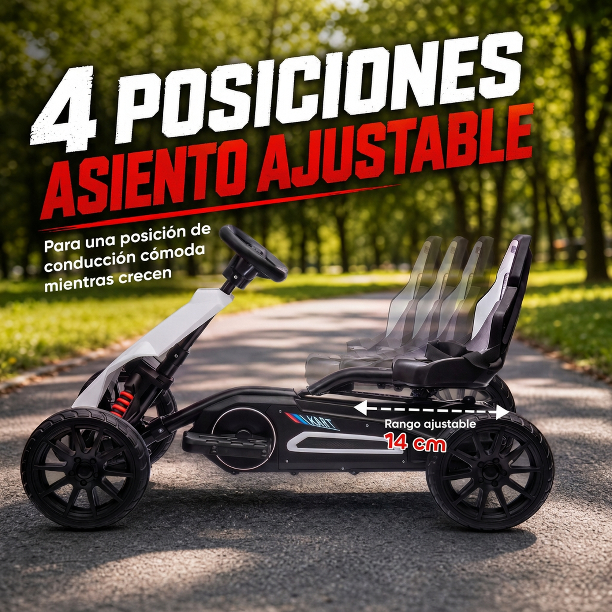 Un kart en un camino muestra cuatro posiciones de asiento ajustables con un rango de 14 cm.
