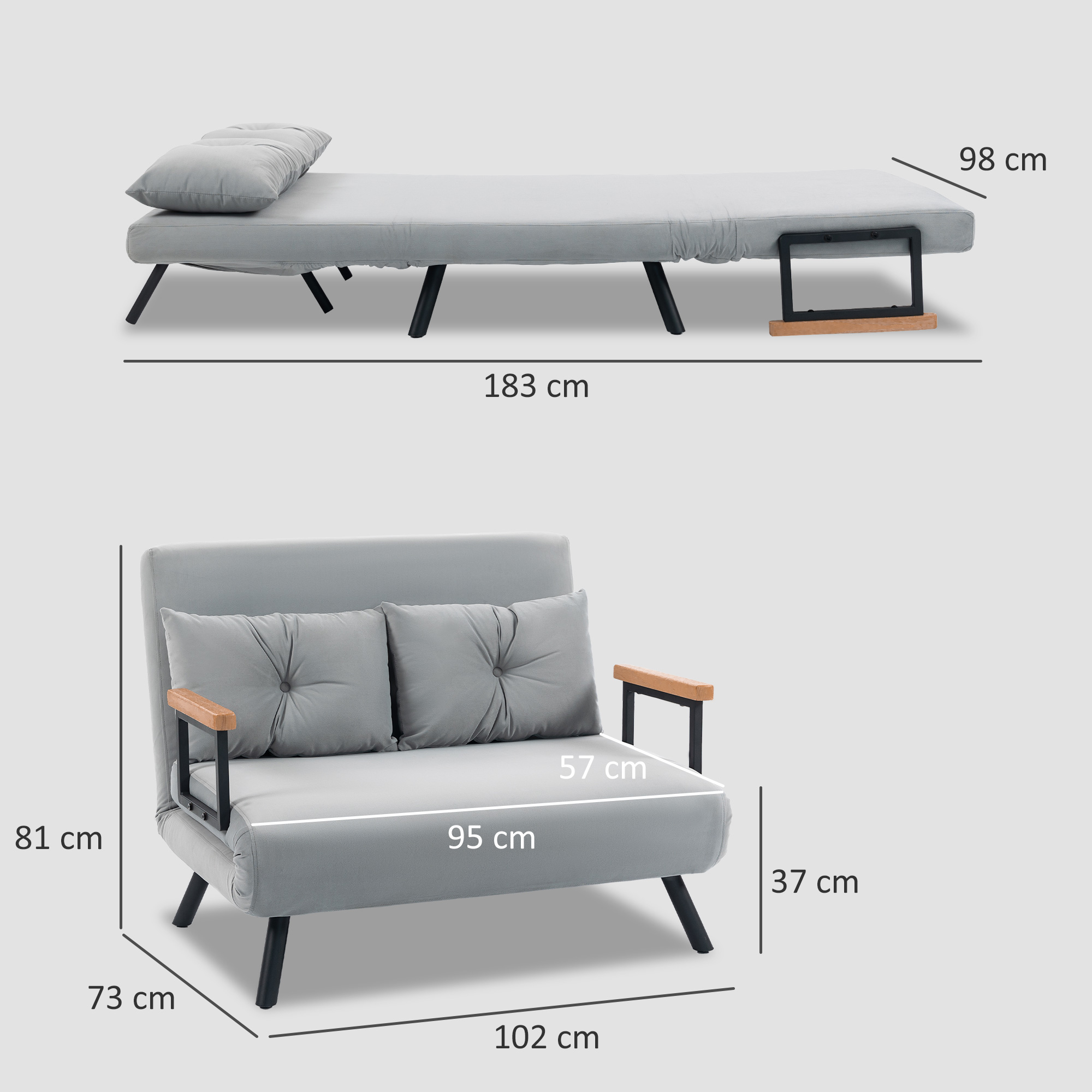 Sofá cama gris con cojines, mostrado con dimensiones en modo sofá y cama.