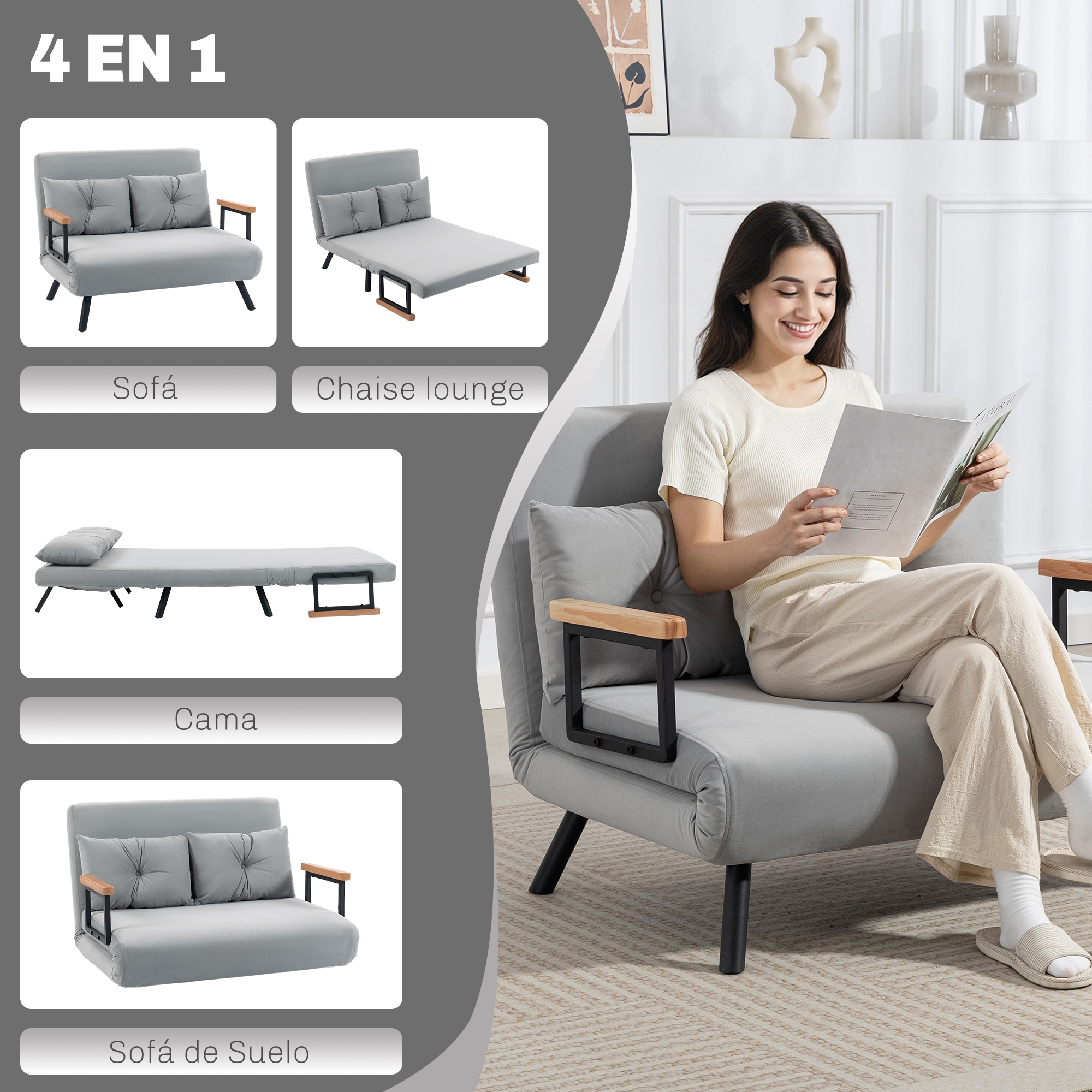 Una mujer sonriente lee una revista en un sofá gris convertible. Las inserciones muestran cuatro configuraciones.