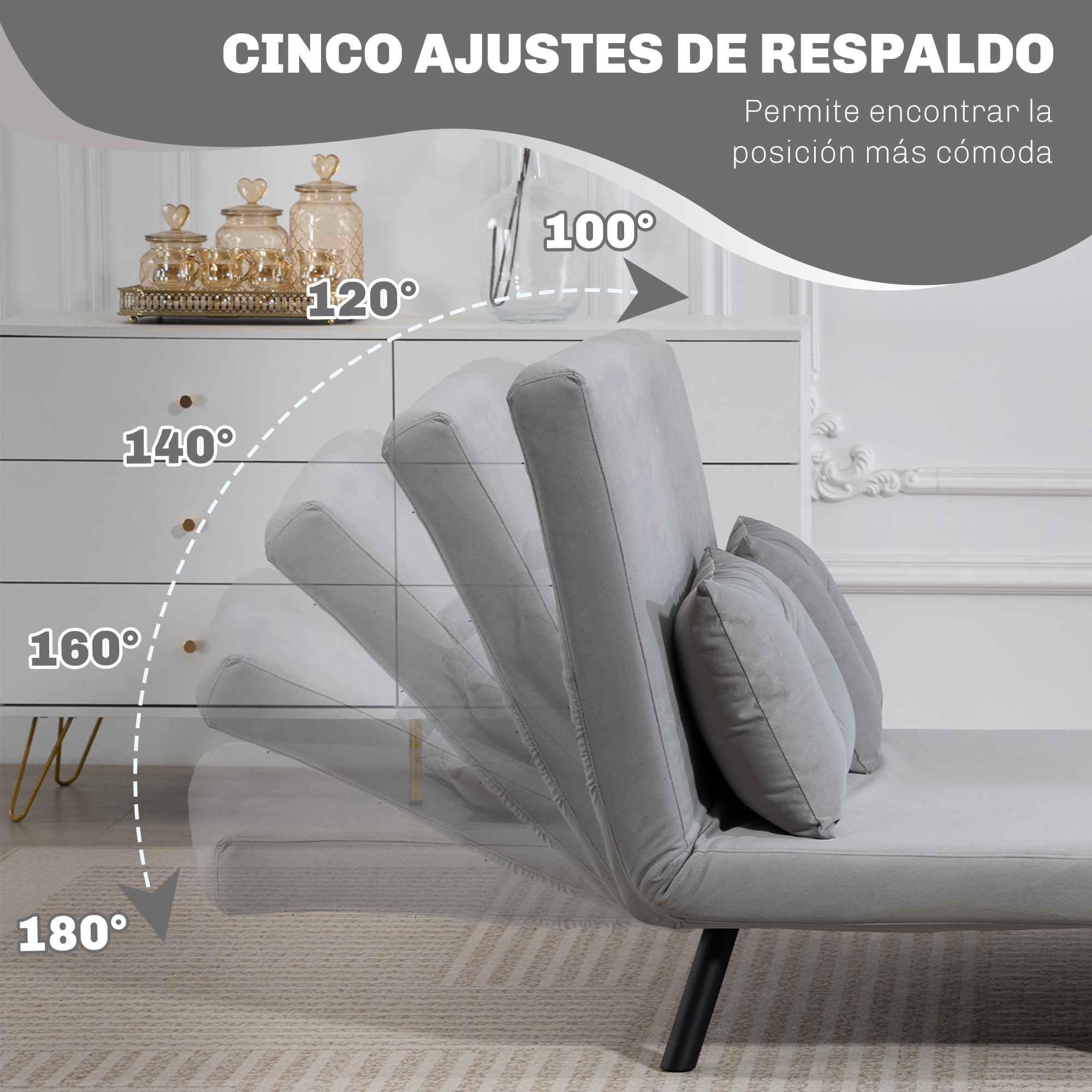 Sofá cama gris con cinco ajustes de respaldo de 100 a 180 grados.