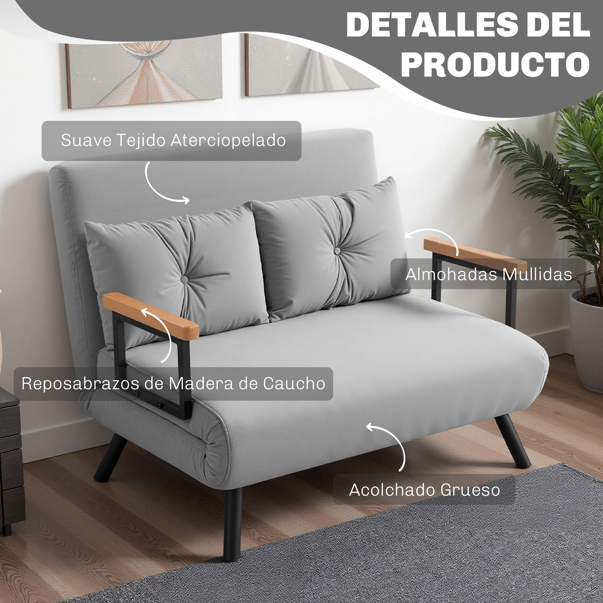 Sofá cama gris con cojines, reposabrazos de madera y estructura de metal negro.