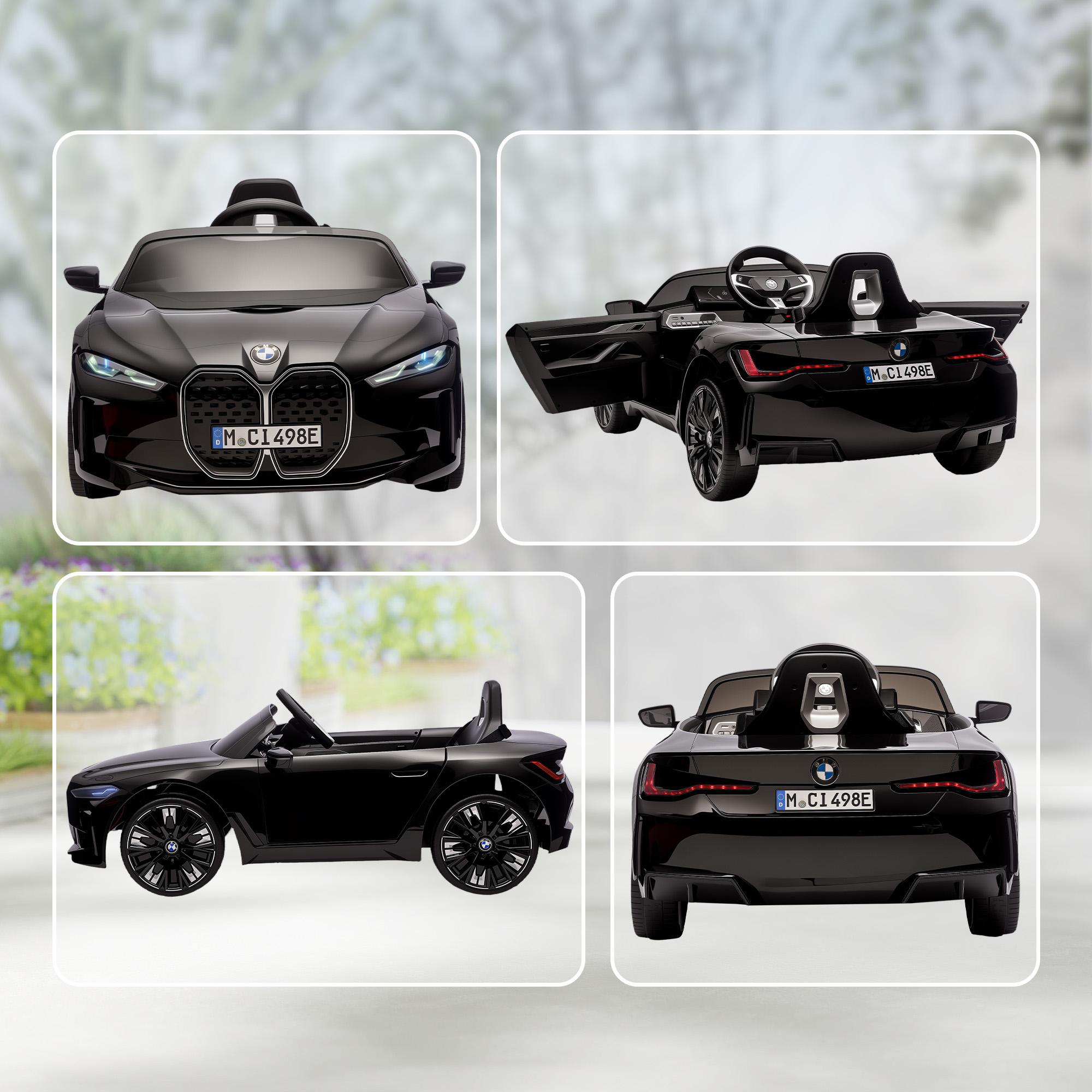 Cuatro vistas de un coche de juguete eléctrico negro para niños BMW desde diferentes perspectivas.