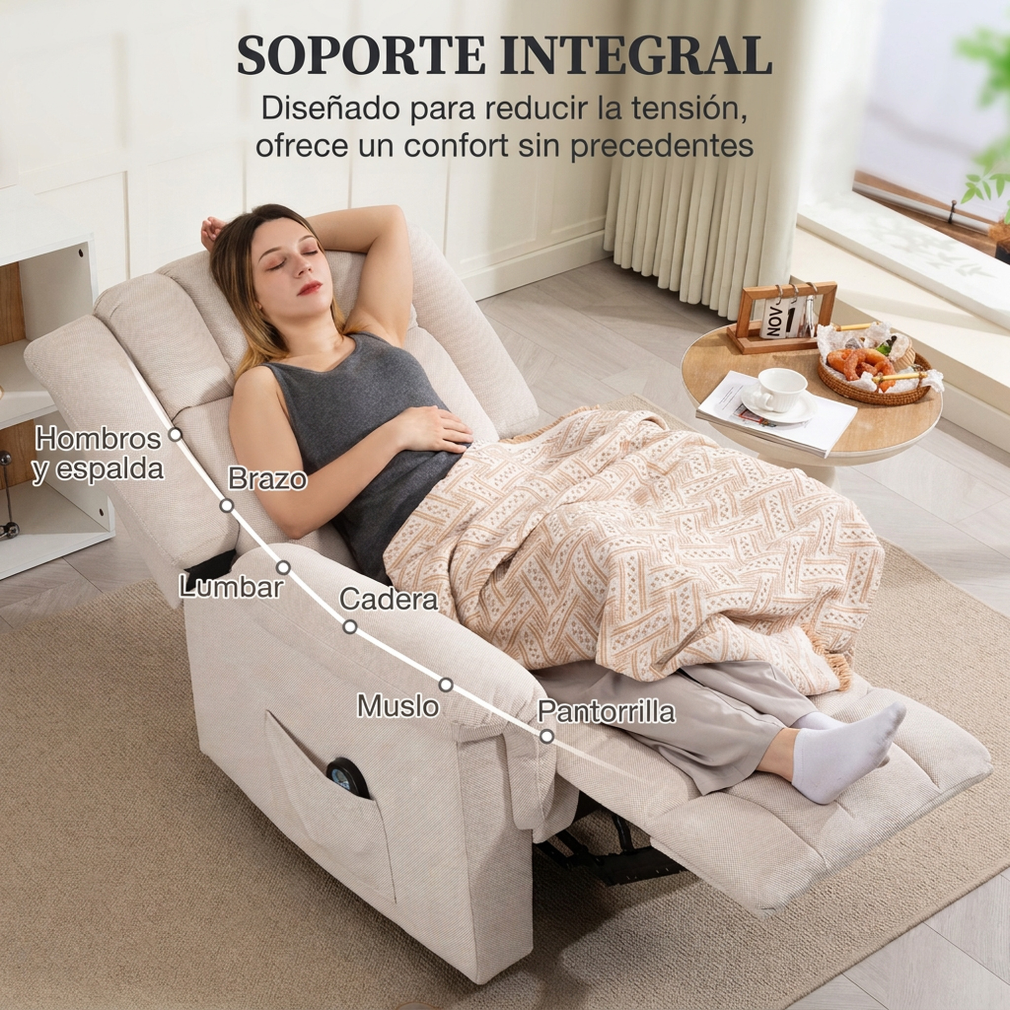 Una mujer se relaja en un sillón reclinable beige, cubierta con una manta estampada, con texto en español.