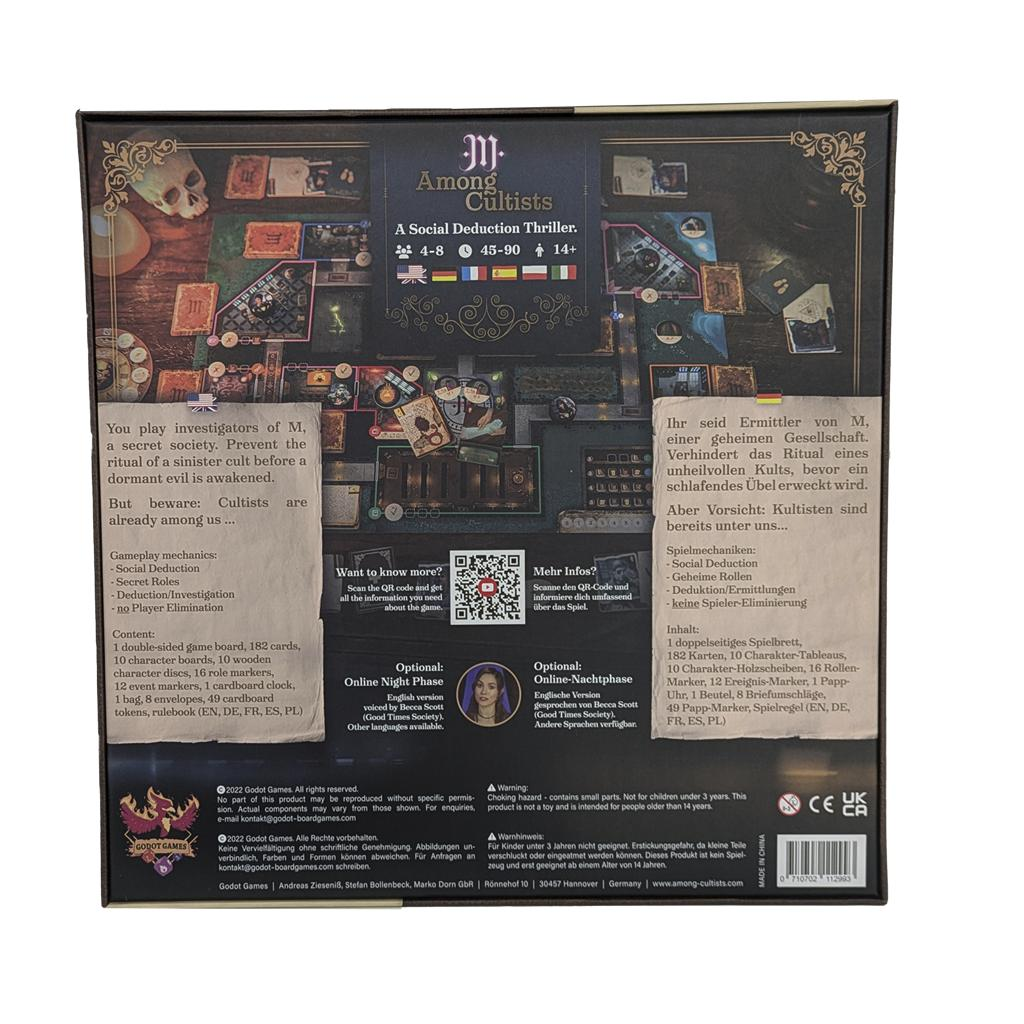 Parte trasera de la caja del juego de mesa Among Cultists con texto en inglés y alemán, y detalles de componentes.