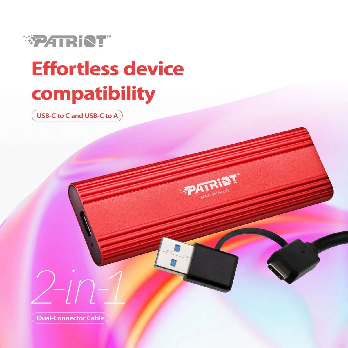 Czerwona obudowa SSD Patriot Transporter Lite z kablem USB-C i USB-A na kolorowym tle.
