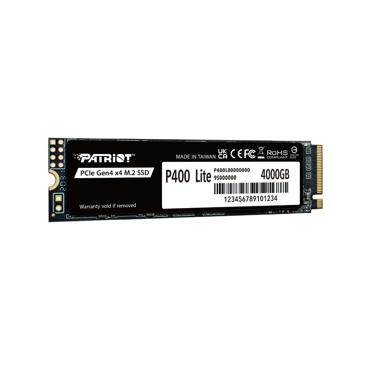 Patriot P400 Lite 4000GB M.2 NVMe SSD on a white background, viewed from above.