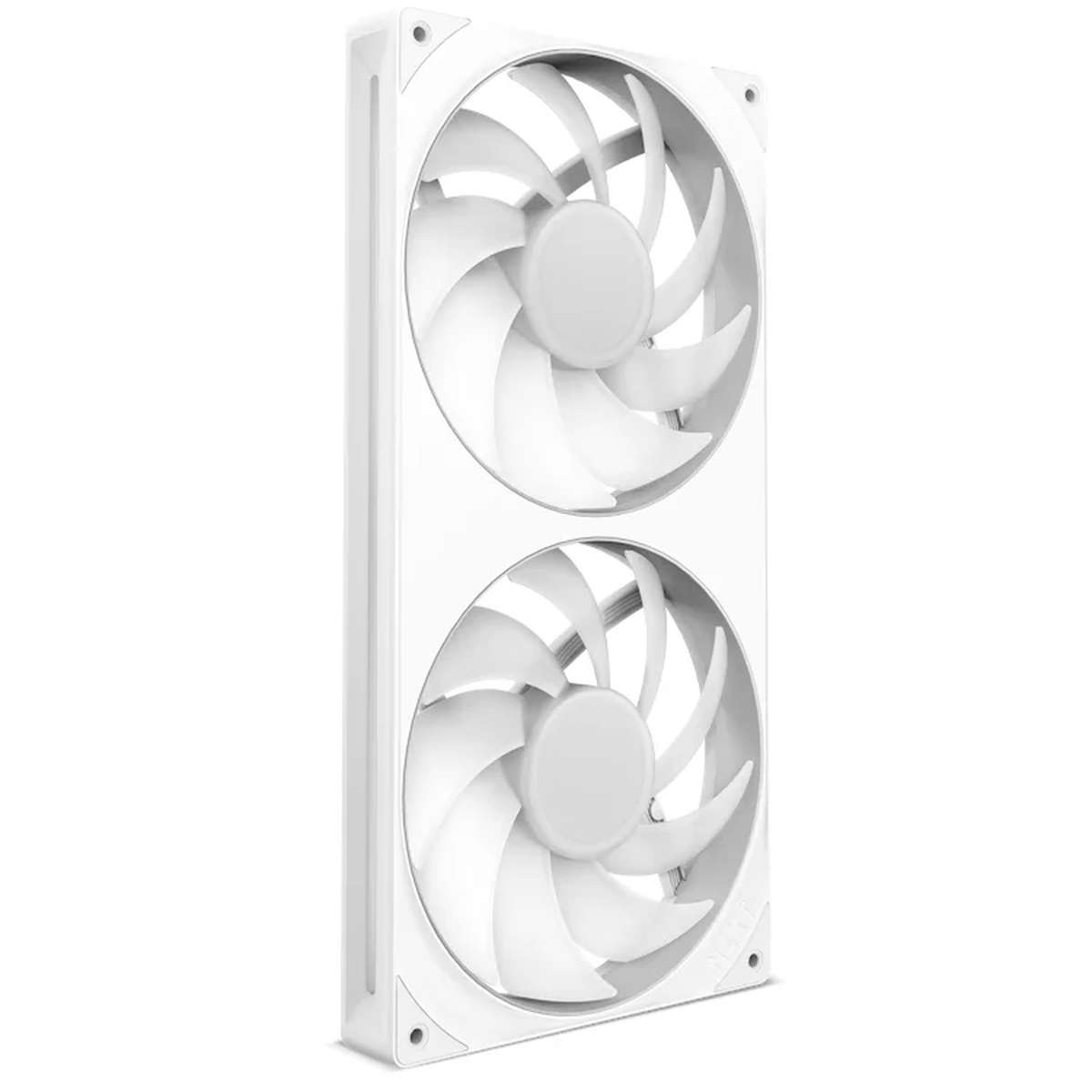 A white dual computer cooling fan with rounded frames and large curved blades against a white background.