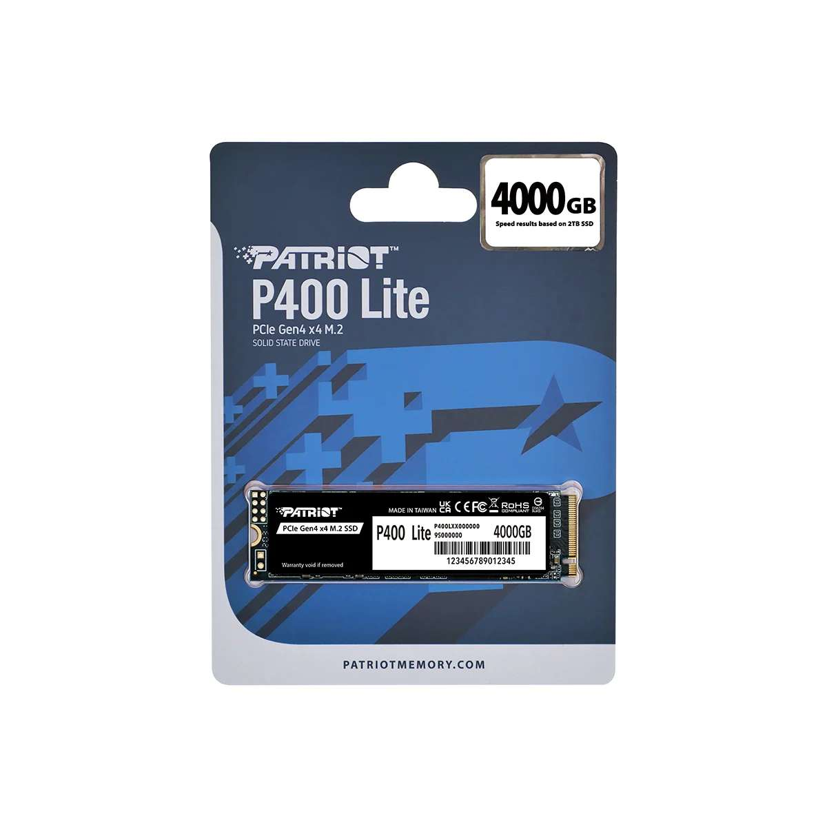 Patriot P400 Lite 4000GB M.2 SSD in retail packaging with blue and black abstract design.