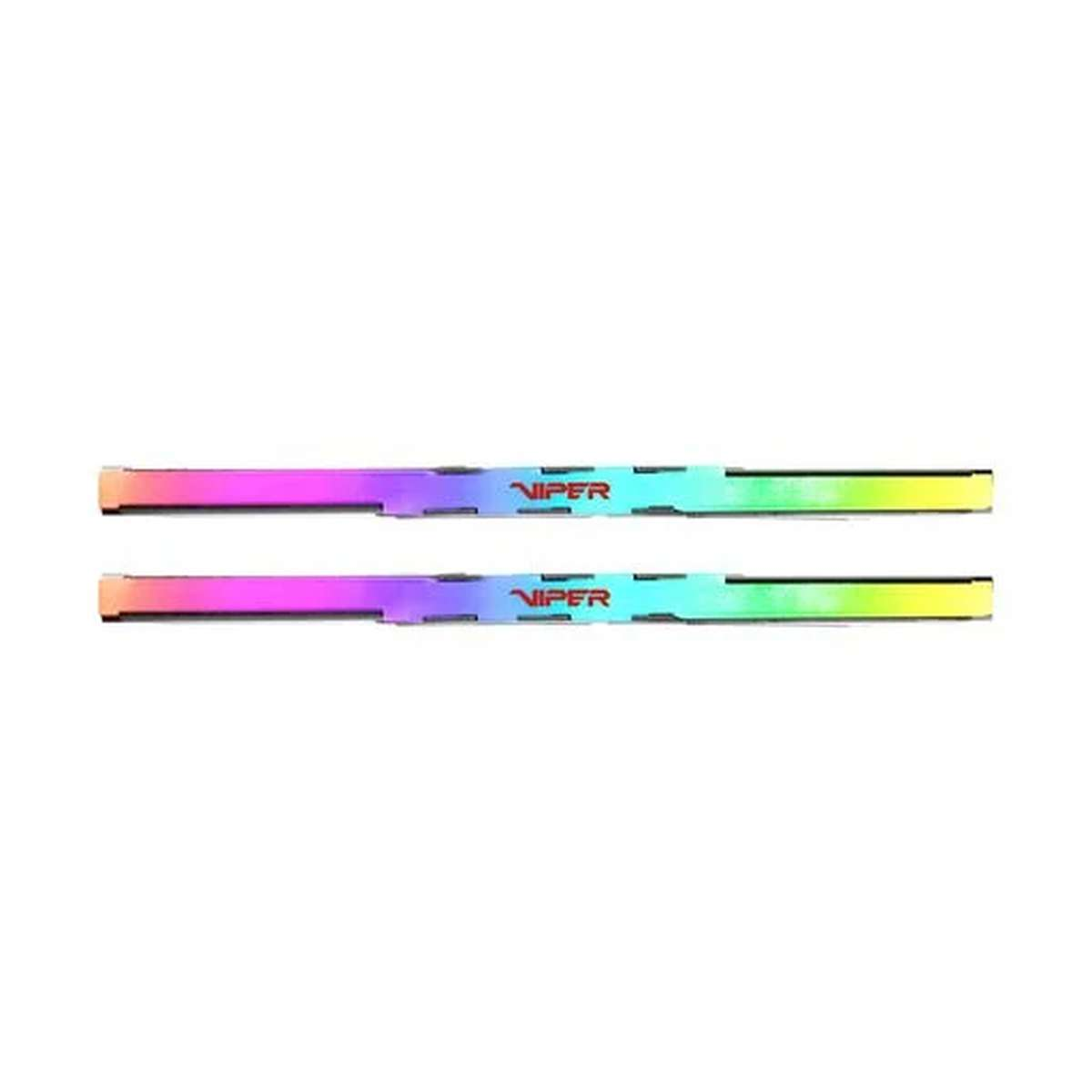 Dwa moduły RAM RGB z logo Viper w tęczowych kolorach na białym tle.
