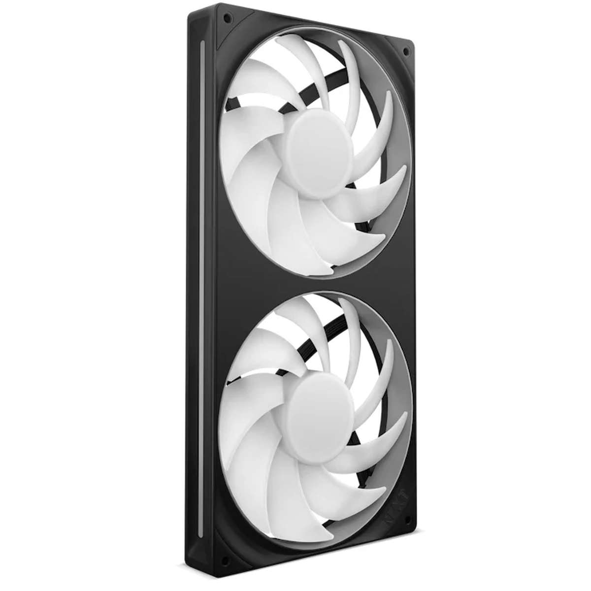 A black dual PC fan unit with white fan blades against a white background.