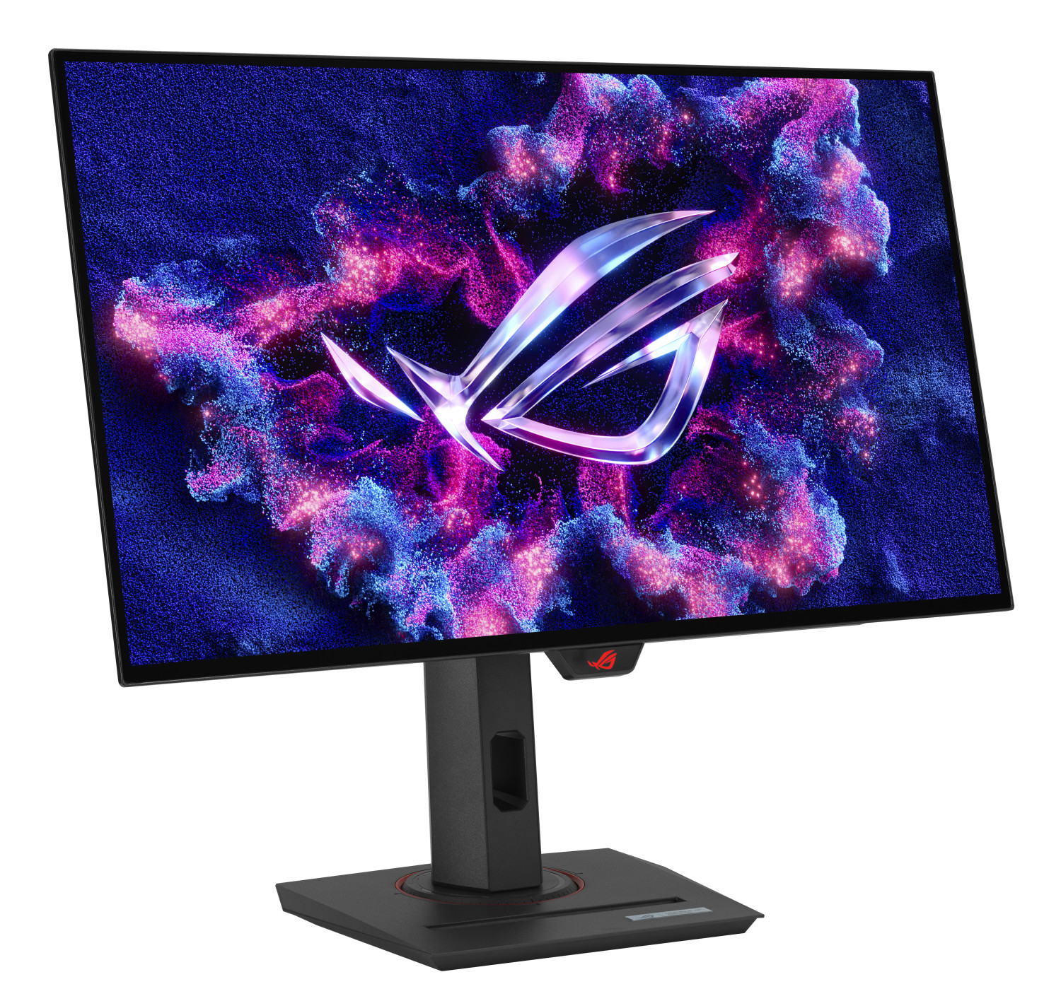 Un monitor da gioco ROG nero che mostra uno sfondo cosmico blu e viola, con una base robusta.