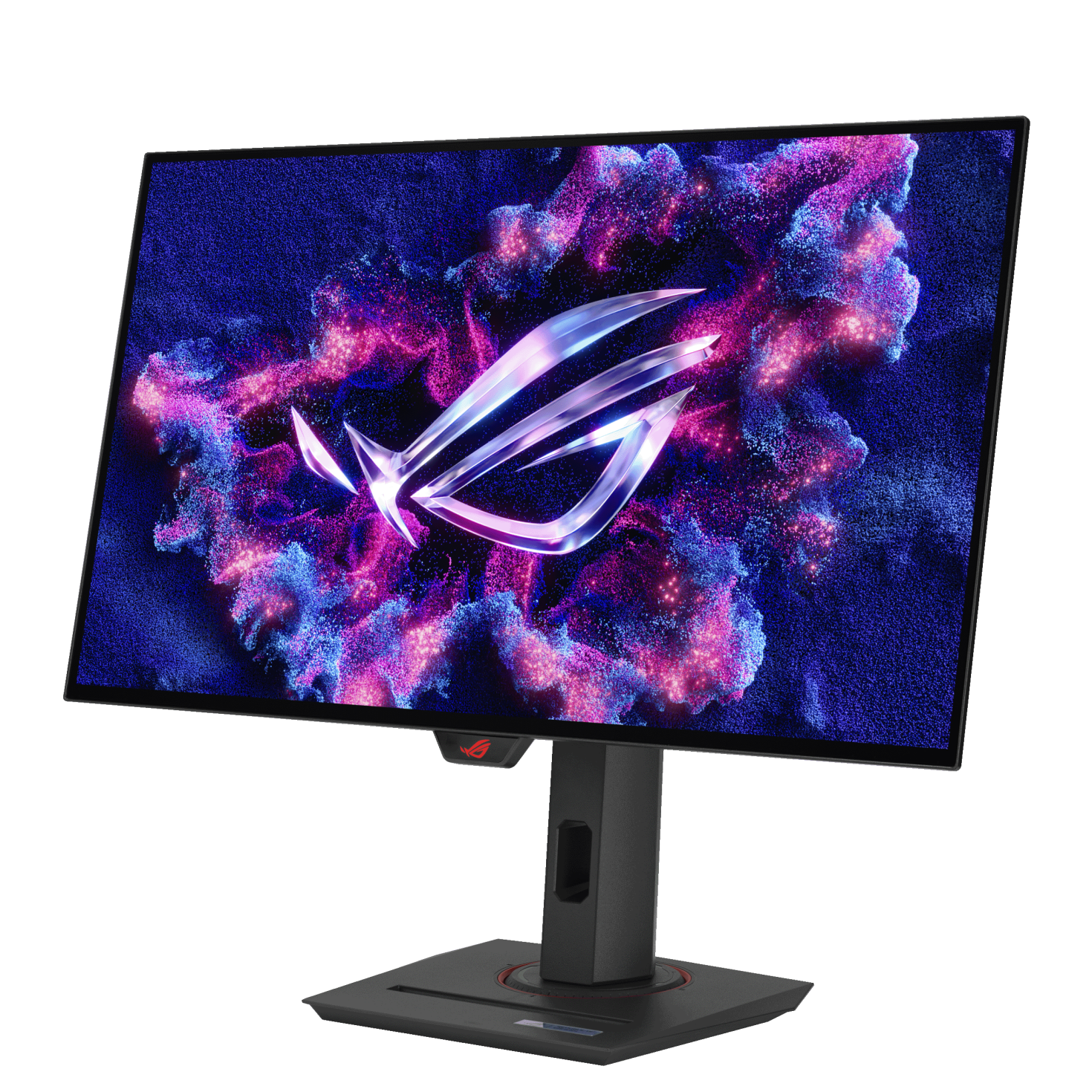 Un monitor da gioco nero con una nebulosa viola e blu e un logo ROG lucido al centro.