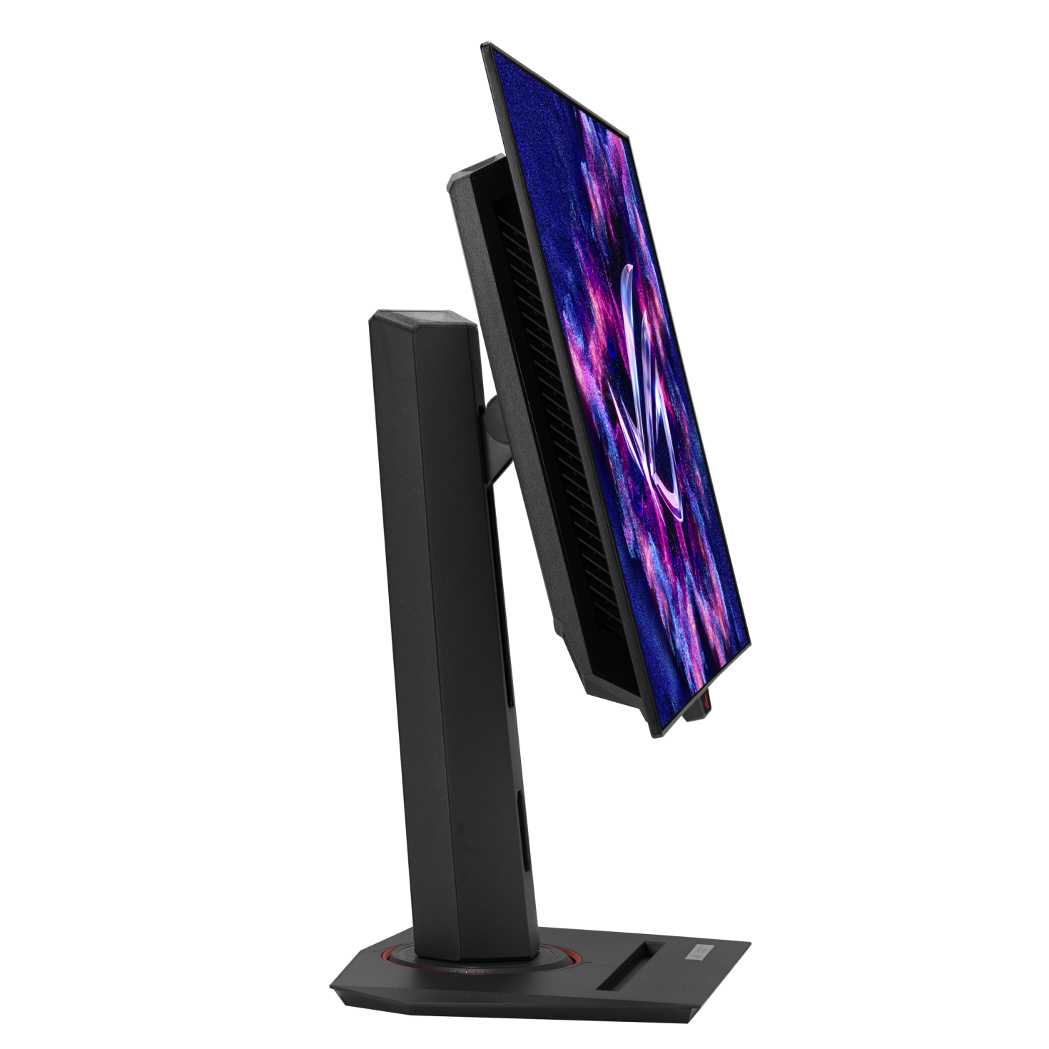 Un monitor per computer nero su supporto, inclinato a destra, che mostra uno sfondo astratto viola e blu.