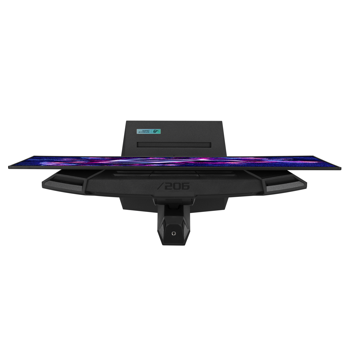 Un monitor da gioco nero su sfondo nero mostra uno schermo astratto viola e blu brillante.