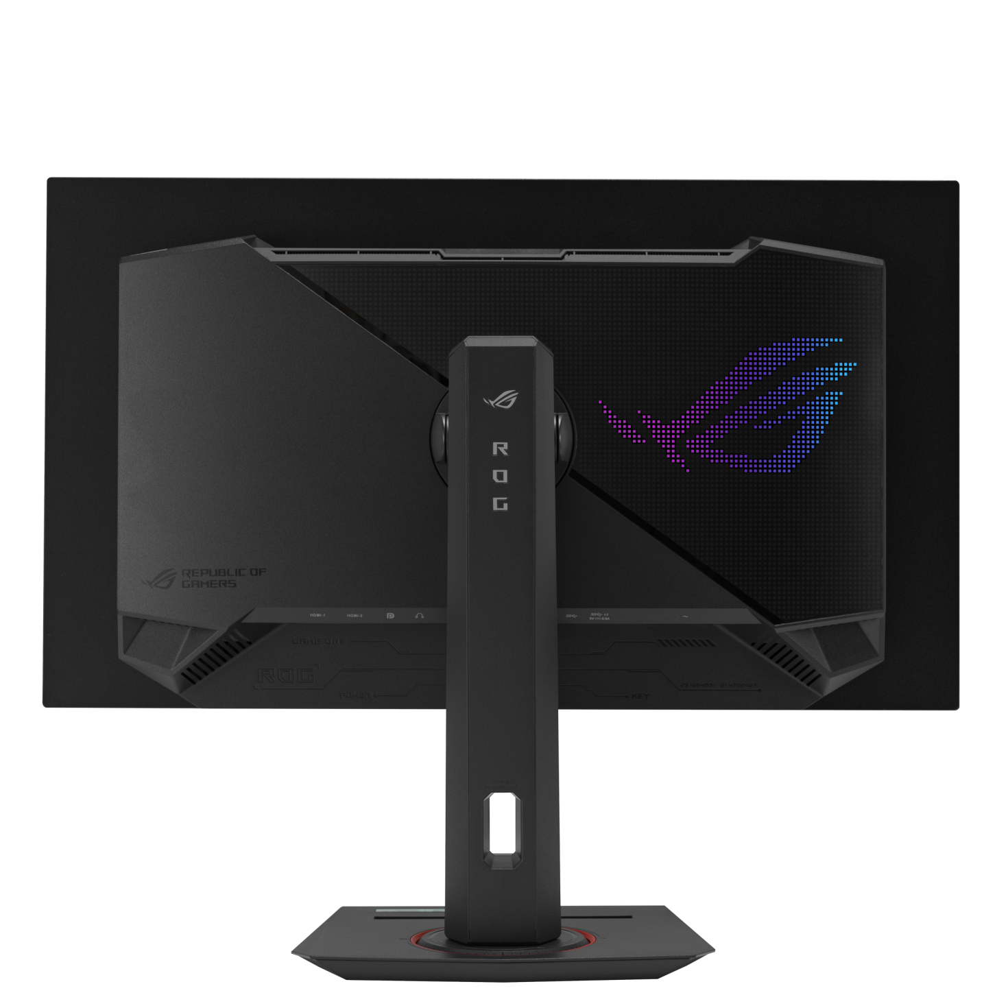 Retro di un monitor da gioco ROG nero con illuminazione RGB e un supporto robusto.