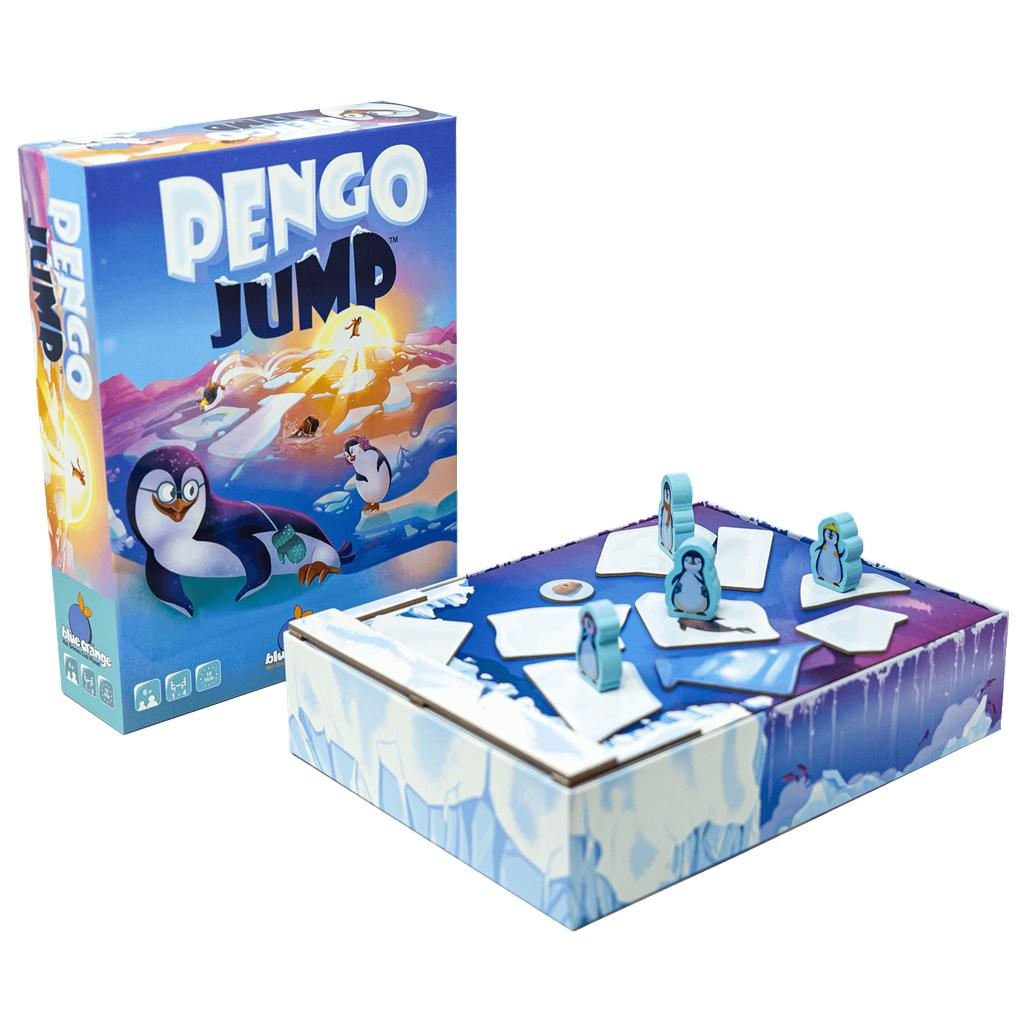 Caja del juego de mesa Pengo Jump y caja abierta mostrando fichas de hielo y piezas de pingüino de madera.