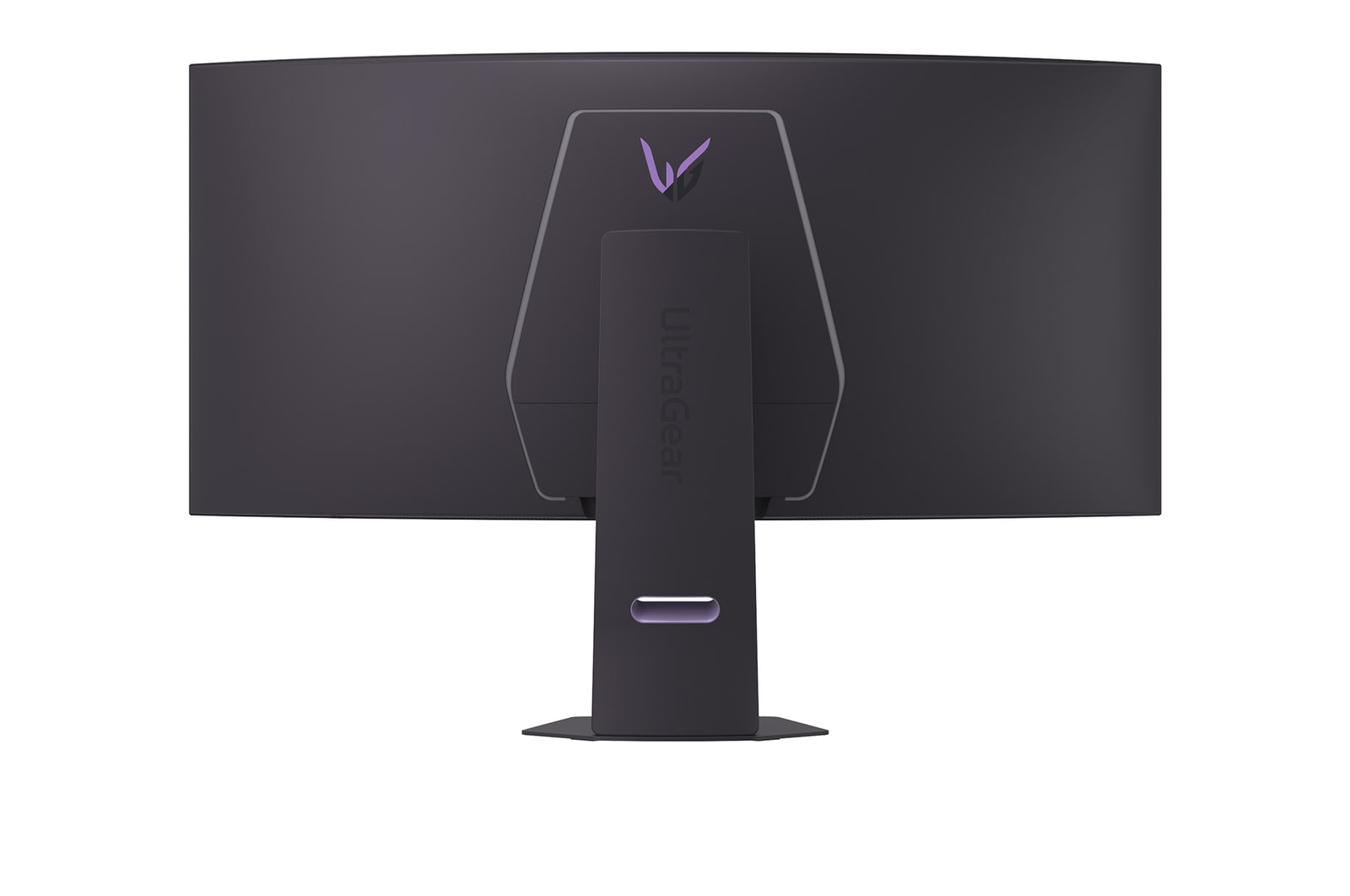 Widok z tyłu czarnego, zakrzywionego monitora LG UltraGear na stojaku, z fioletowym logo.