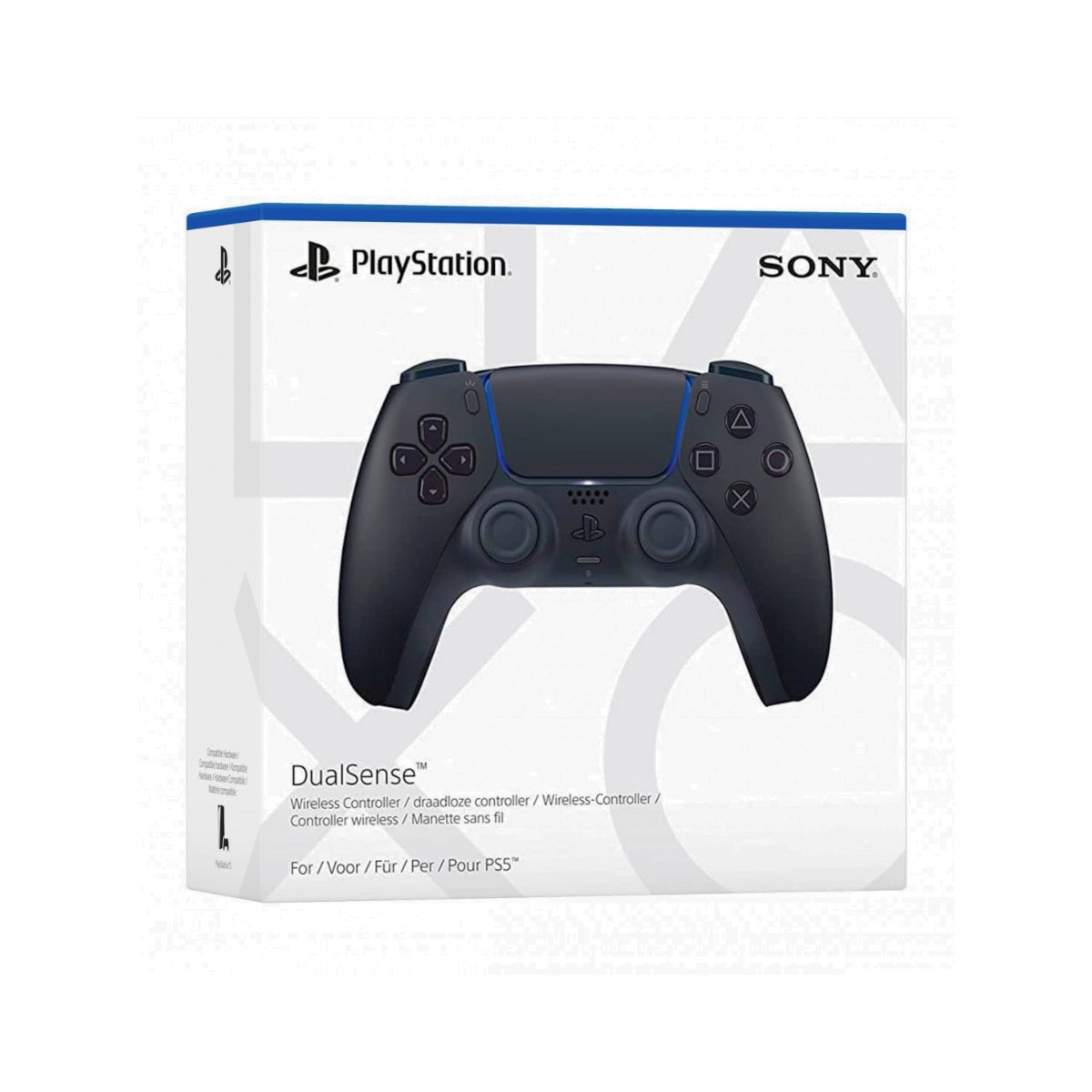 Eine Verpackung für den schwarzen PlayStation 5 DualSense Wireless Controller mit dem Sony-Logo.